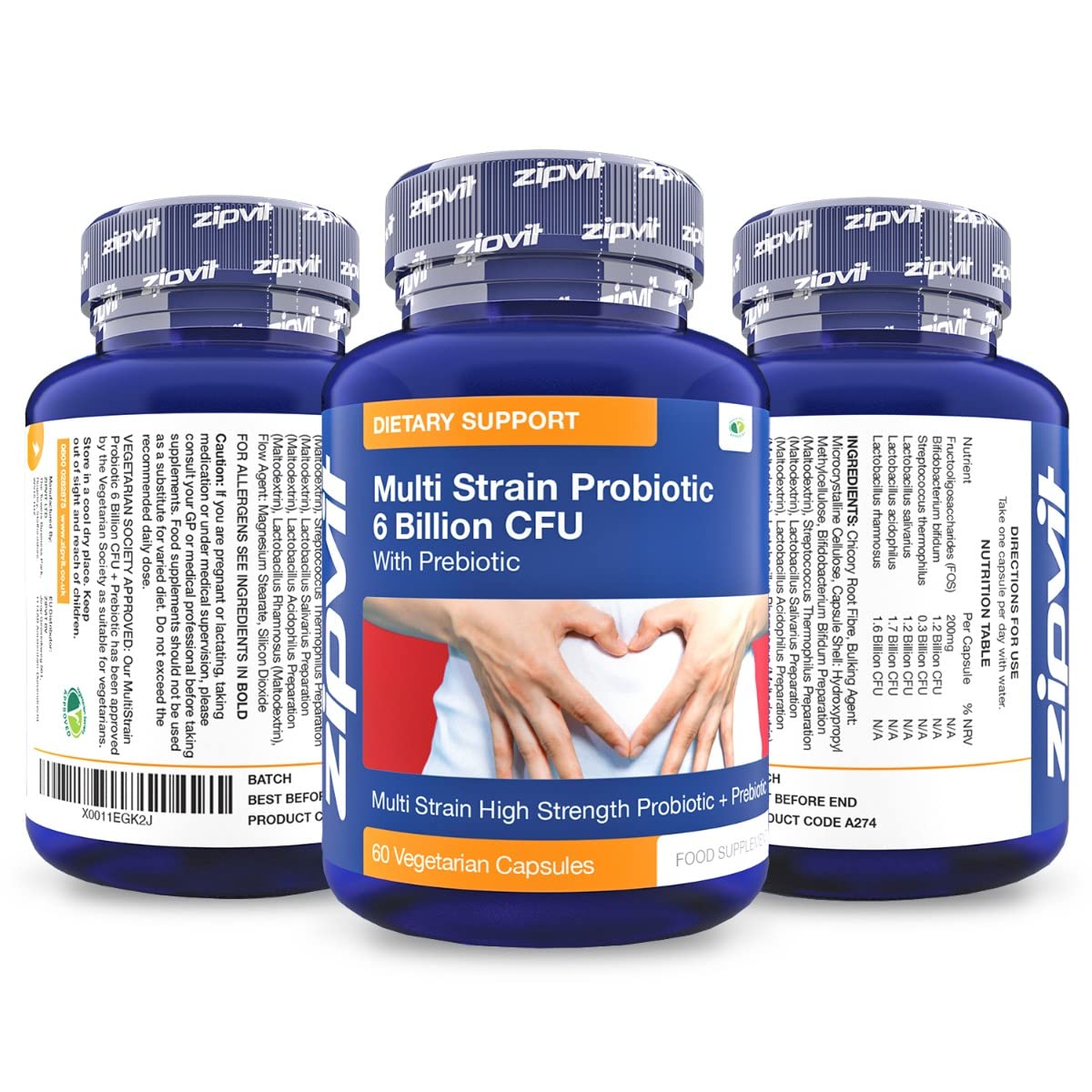 Probiotic 6 Billion Multi-Strain Live Bio Cultures Complex with Prebiotic, 60 Vegetarian Zipvit Au supplements