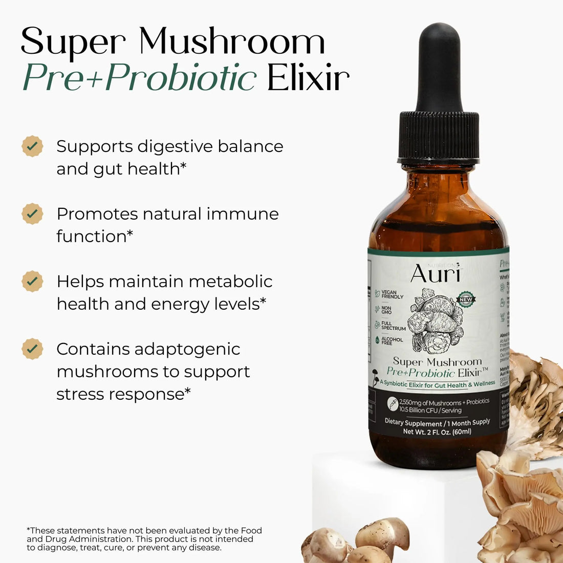 Auri Nutrition Super Mushroom Pre+Probiotic Elixir – 3-in-1 Gut Health Supplement w/7 Probiotic Strains, Prebiotic Mushrooms & Postbiotic Support – Vegan Auri uk supplements