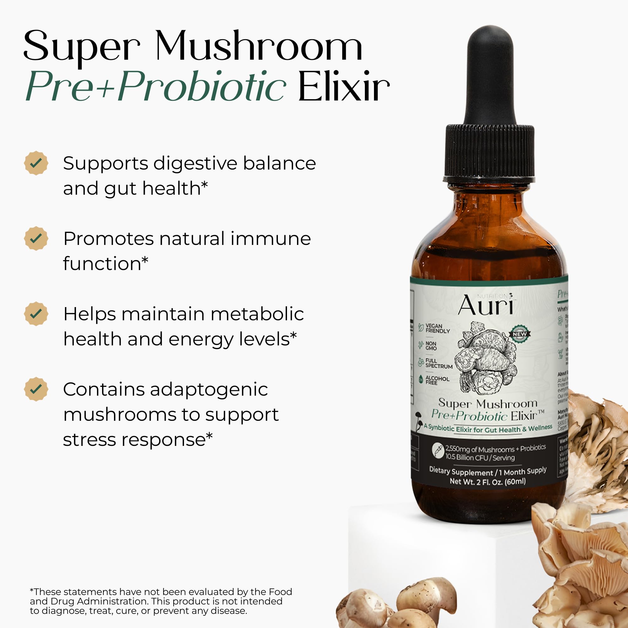 Auri Nutrition Super Mushroom Pre+Probiotic Elixir – 3-in-1 Gut Health Supplement w/7 Probiotic Strains, Prebiotic Mushrooms & Postbiotic Support – Vegan, Non-GMO, Shelf Stable – 30 Servings Auri Au supplements