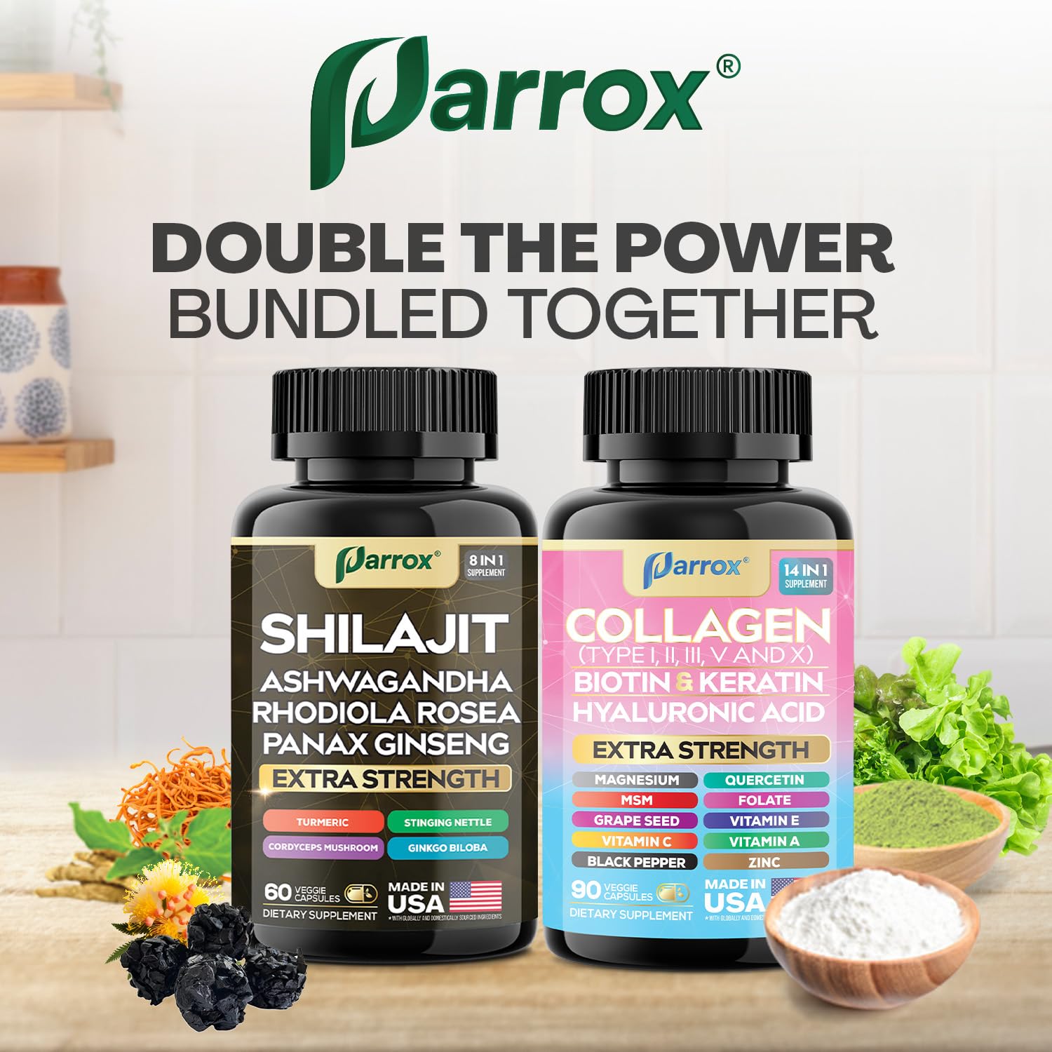 Parrox Adaptogen & Beauty Bundle – Rhodiola, Panax Ginseng, Ashwagandha, Cordyceps, Turmeric, Collagen, Biotin, Keratin, MSM, Hyaluronic Acid, Zinc, Quercetin, Vitamin C, A & E, Folate, Magnesium Parrox Au supplements
