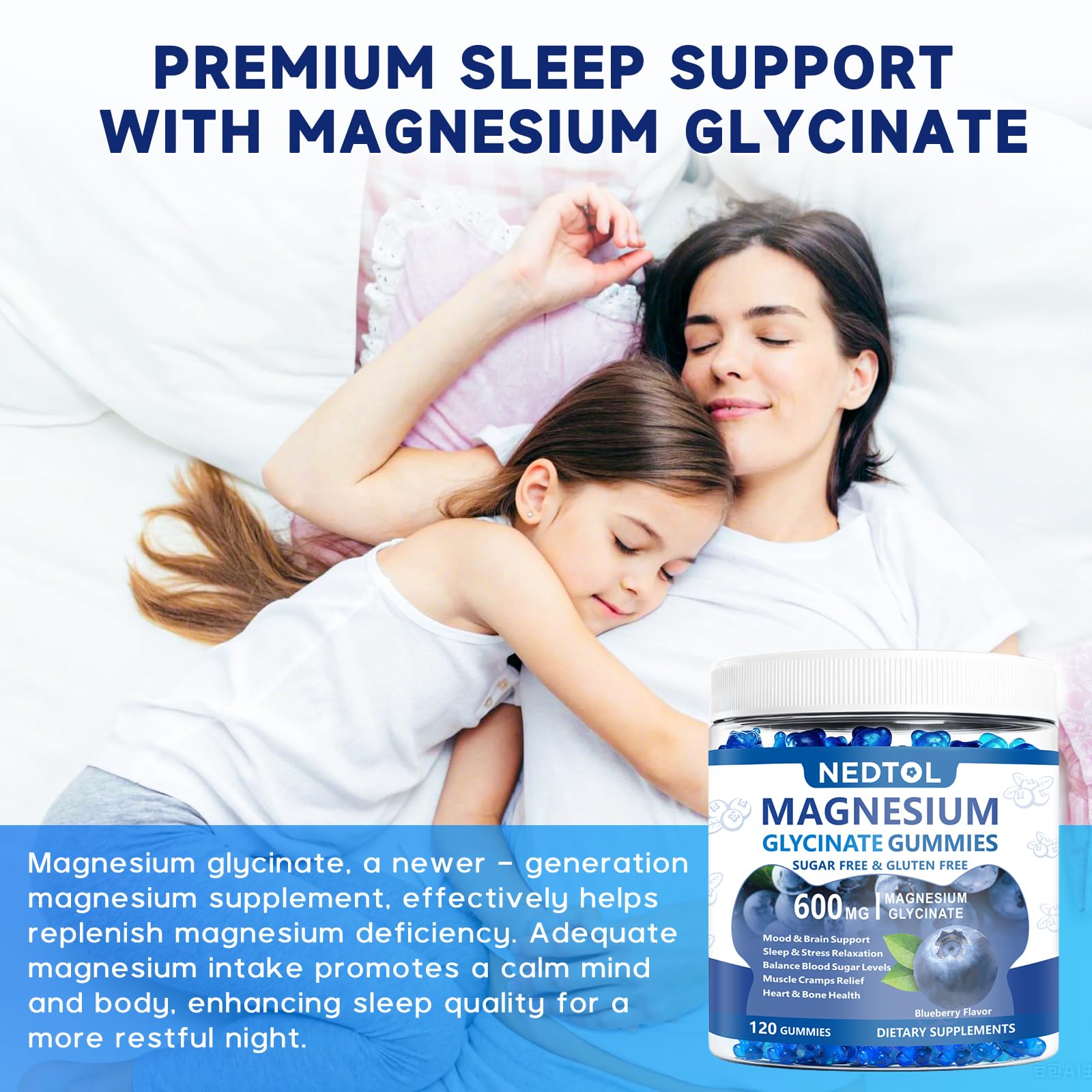 Nedtol Magnesium Glycinate Gummies 600mg, Sugar Free Magnesium Potassium Supplement for Adults with Magnesium L-Threonate, Vitamin D, B6,and CoQ10 for Sleep, Body Support and Relaxation,120 Count Nedtol Au supplements