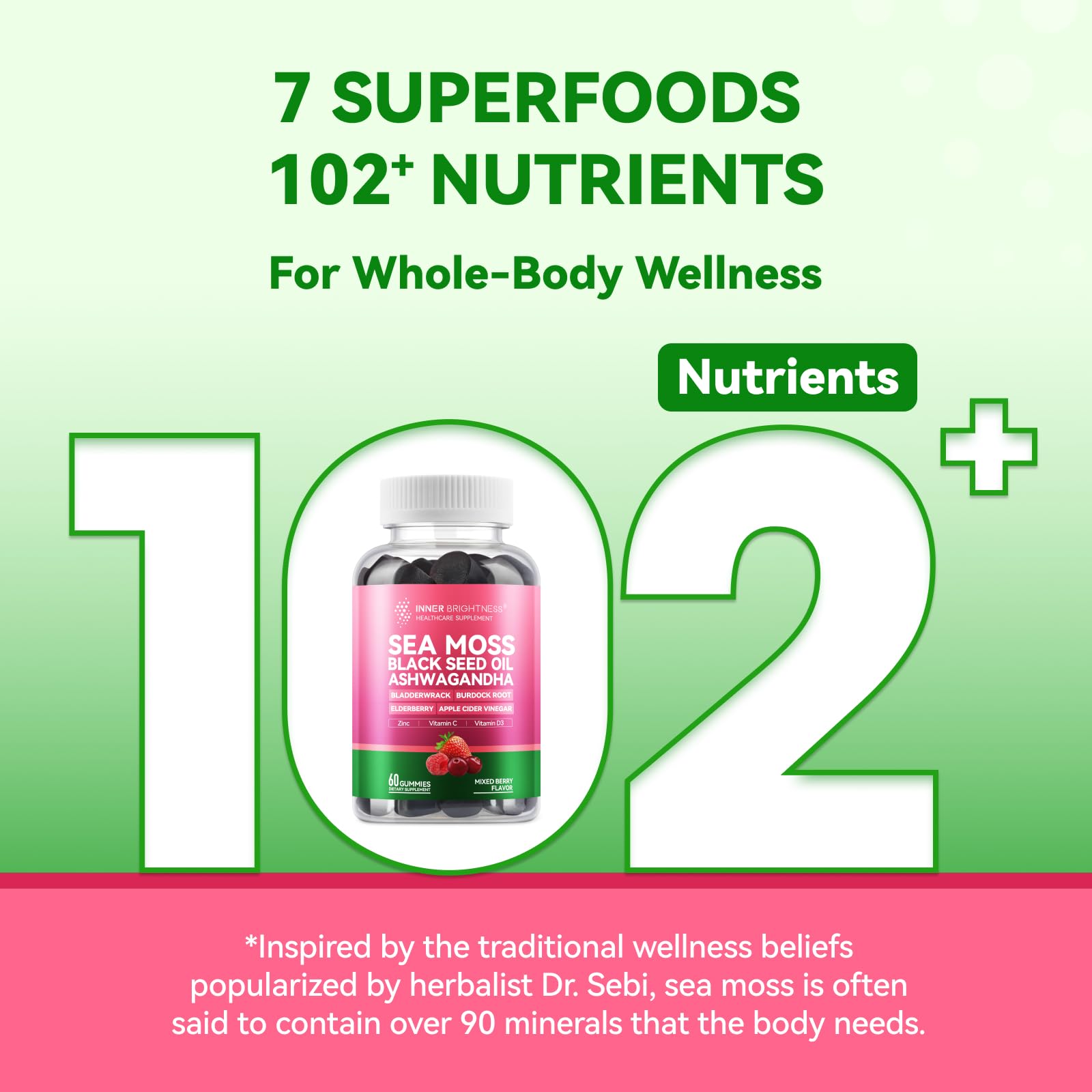 Inner Brightness Sea Moss 4000mg Gummies with Ashwagandha, Elderberry, Apple Cider Vinegar, Bladderwrack, Burdock Root – Immune Support – Mixed Berry Flavor – 60 Count Inner Brightness Au supplements