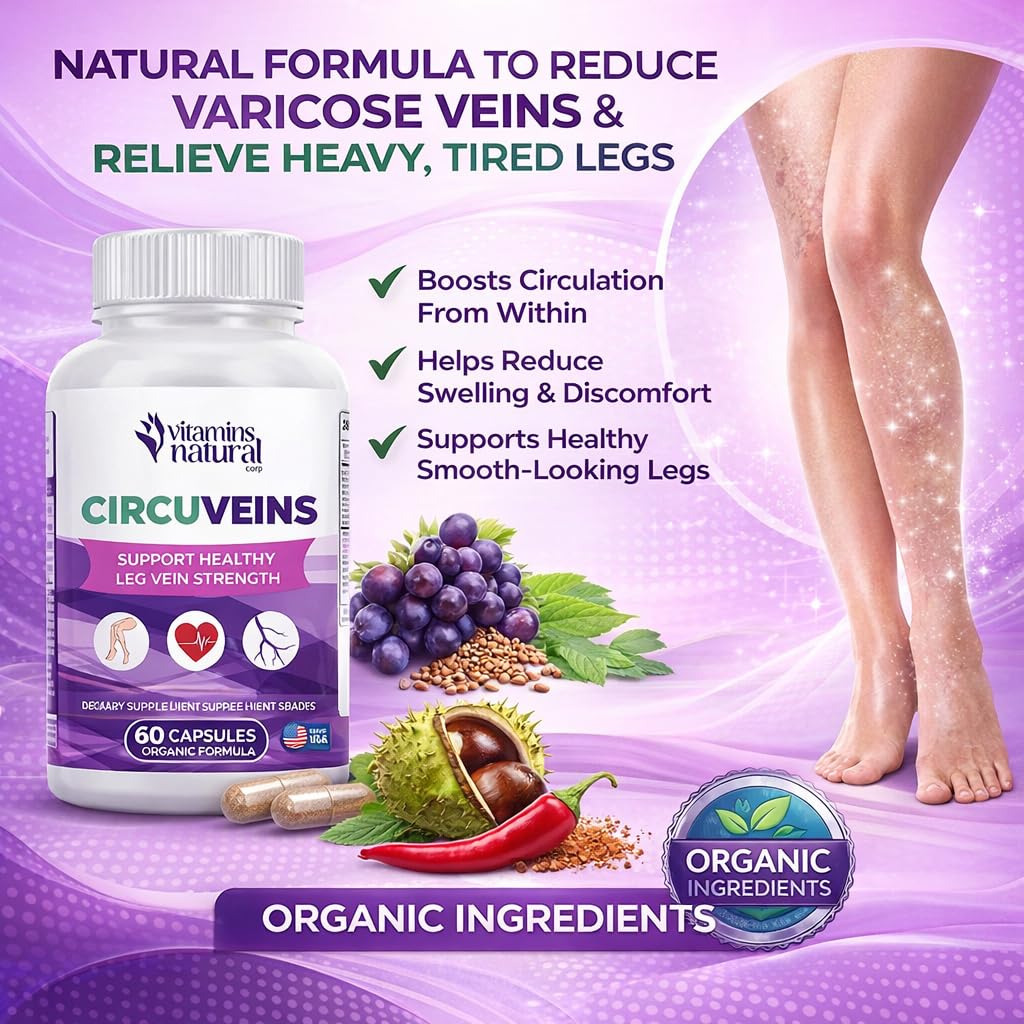 VITAMINS NATURAL CORP. CircuVeins Varicose Veins Support for Legs Capsules – Organic Vein Health Supplement with Horse Chestnut Grape Extract and Cayenne Pepper – 60 Capsules VITAMINS NATURAL CORP Au supplements