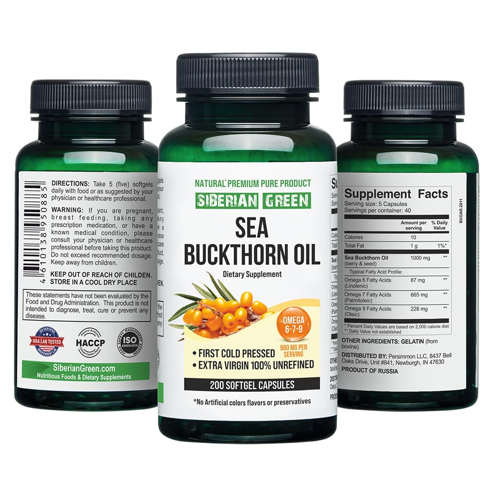 Siberian Sea Buckthorn Oil Capsules 200 Softgels | from Wild-harvested Siberian Sea Siberian Green Au supplements