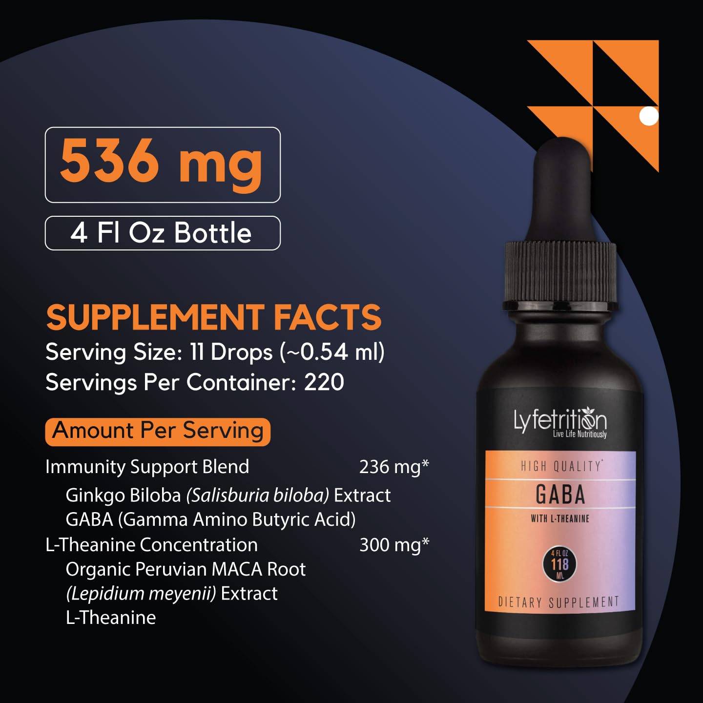 Lyfetrition GABA with L-Theanine, Ginkgo Biloba (Salisburia biloba) Extract, Organic Peruvian MACA Root (Lepidium meyenii) Extract, 118 ml, 4 FL Oz Liquid, 220 Servings, Made in USA, Quick Absorption Lyfetrition Au supplements