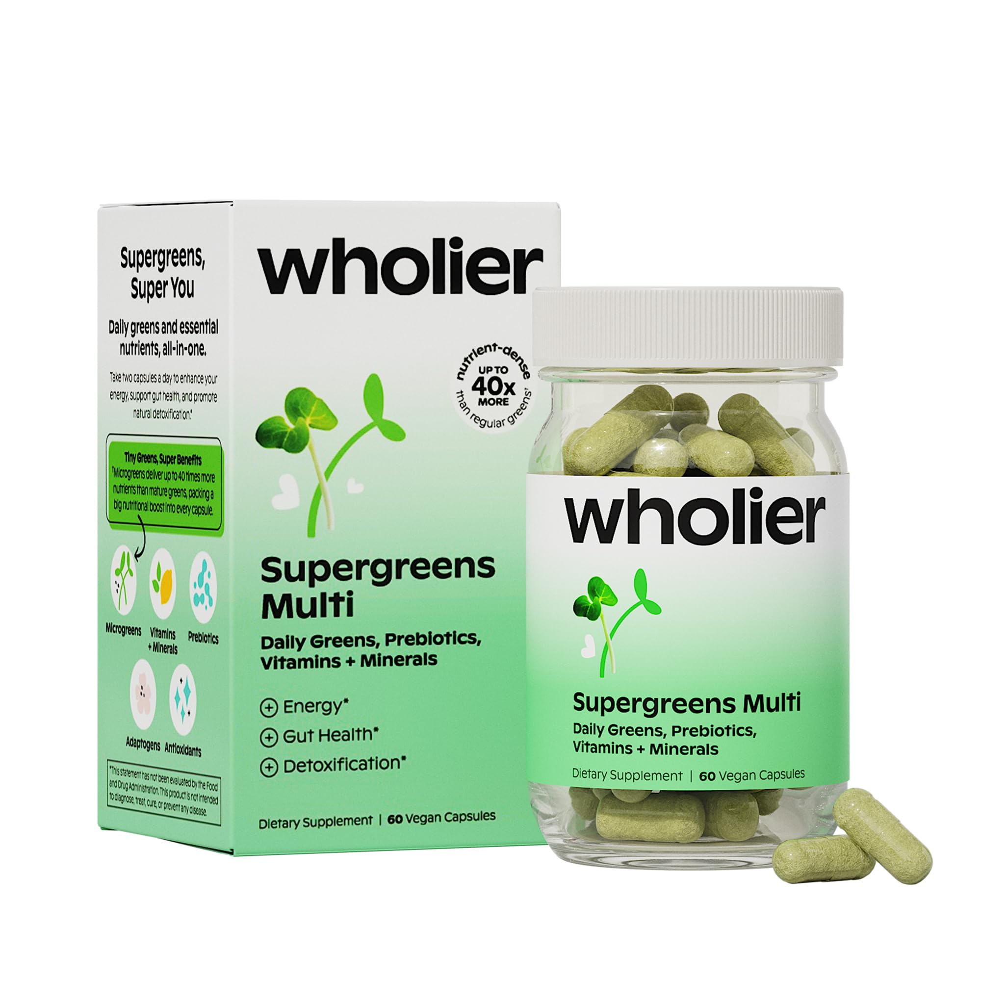 wholier Supergreens Multi, Daily Greens, Vegan Multivitamin for Women + Men, Whole Food Vitamins + Minerals, Prebiotics for Gut Health, Adaptogens (60 Vegan Capsules) Glass Bottle wholier Au supplements
