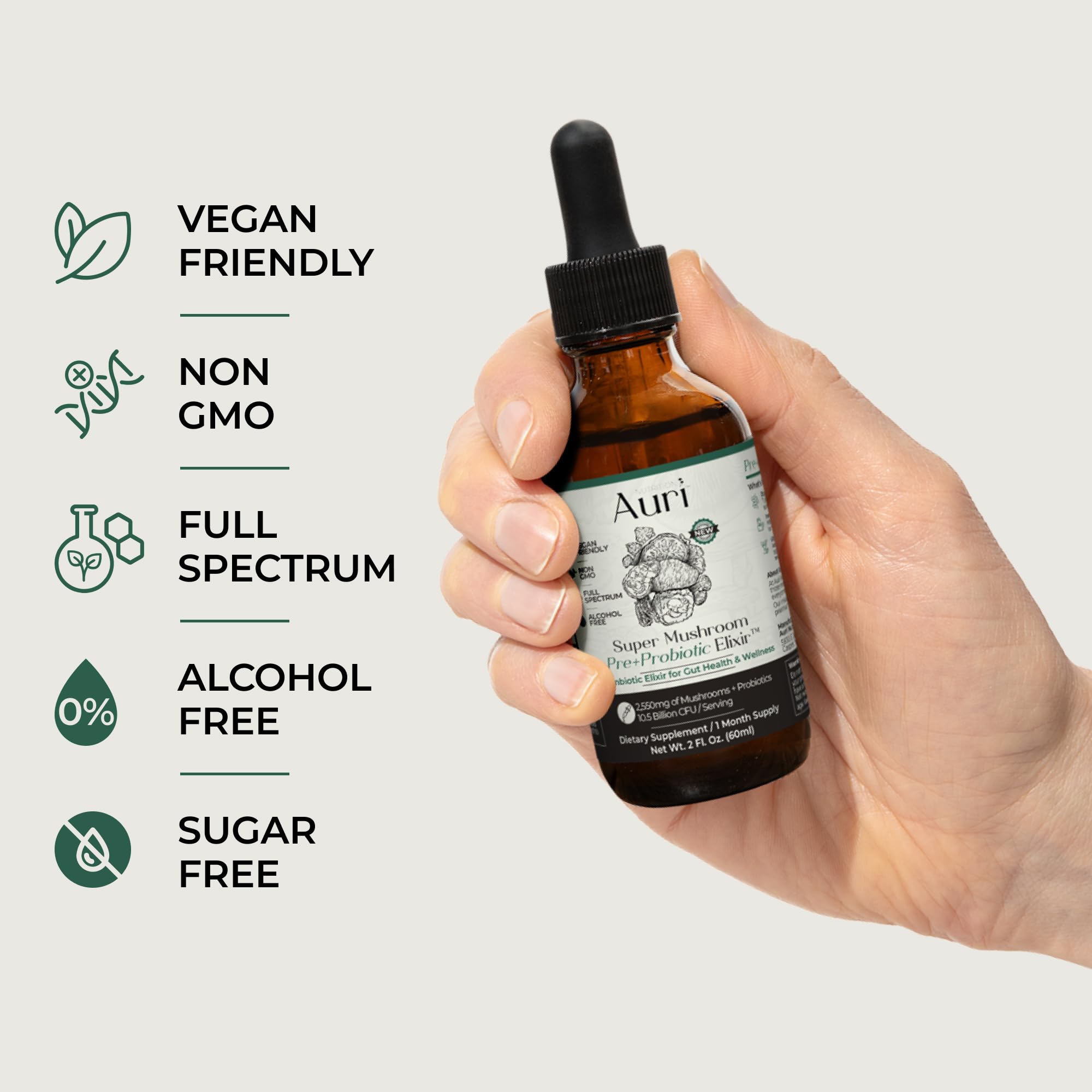 Auri Nutrition Super Mushroom Pre+Probiotic Elixir – 3-in-1 Gut Health Supplement w/7 Probiotic Strains, Prebiotic Mushrooms & Postbiotic Support – Vegan, Non-GMO, Shelf Stable – 30 Servings Auri Au supplements