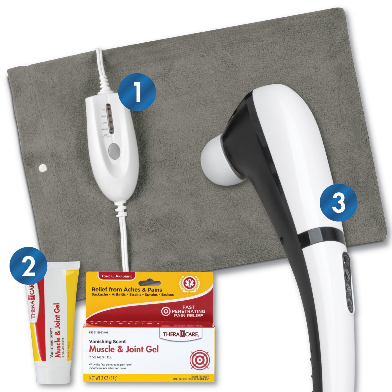 Pain Management Bundle 3-Piece | Personal Deep Tissue Massager | Muscle & Joint Pain Relief Gel | Deluxe Moist Dry Heating Pad | Therapeutic Care at Home | Whole Family Care Thera Care Au supplements