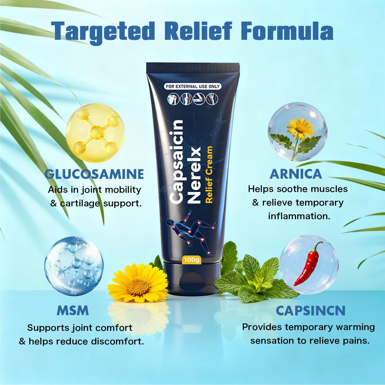 Capsaicin Nerex Relief Cream with Arnica, Menthol, MSM and Glucosamine for Body Joint Areas, Feet, Hands, Legs, Muscles, Joints, and Waist, 100g (2PACKS) bigyuan Au supplements