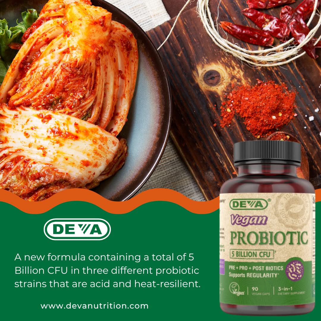 DEVA Vegan Probiotic Supplement - Pre, Pro, and Postbiotics for Digestive Health, 5 Billion CFU, Soil-Based, Spore-Forming, Dairy Free, FOS Prebiotics, for Women and Men, Vegan Capsules, 90 Count DEVA Au supplements