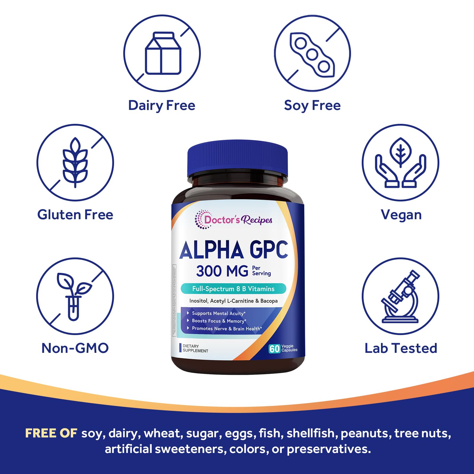 Doctor's Recipes Alpha GPC 300 mg Supplement, with 8 B Vitamins, Inositol, Acetyl L-Carnitine, Highly Bioavailable Source of Choline, 12-in-1 Cognitive Support for Women & Men, 60 Veggie Capsules Doctor's Recipes Au supplements