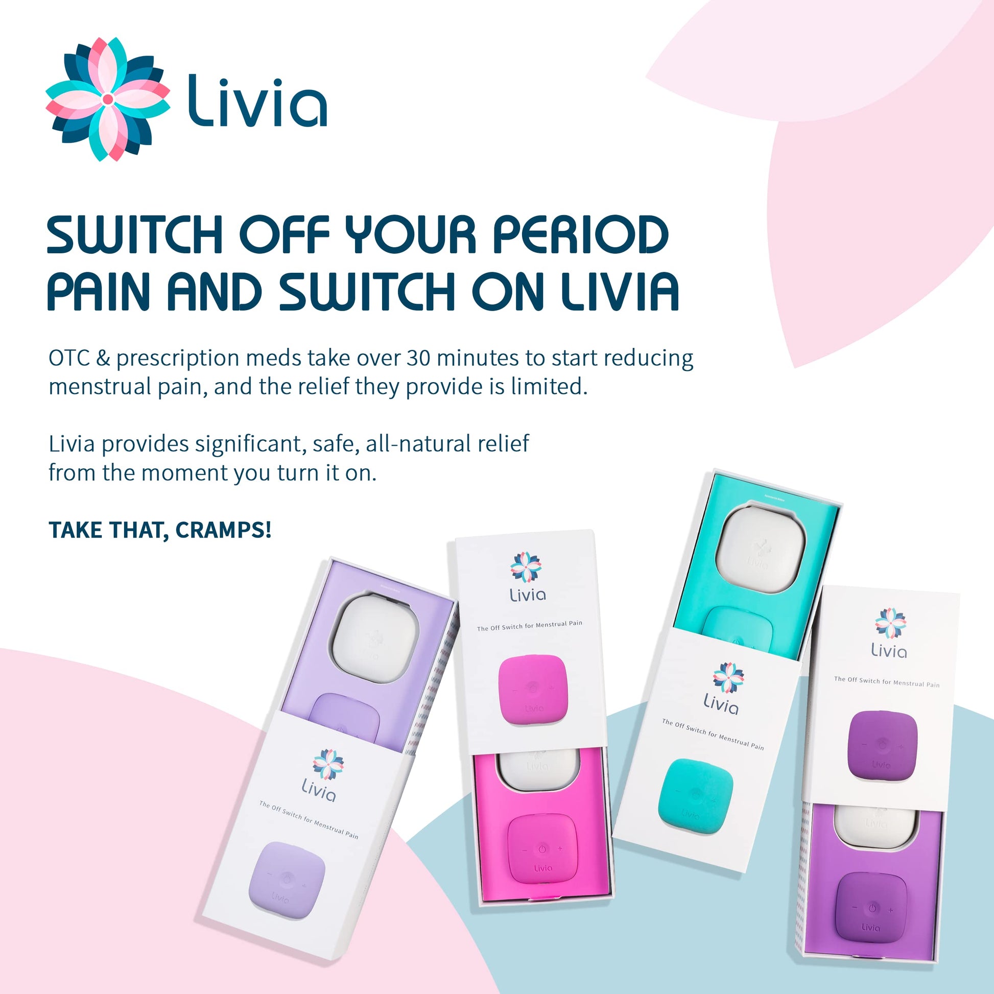 Livia Menstrual Pain Relief Device, Lavender - The Off Switch for Period Pain - Portable Unit with Stick-on Pads Livia Au supplements