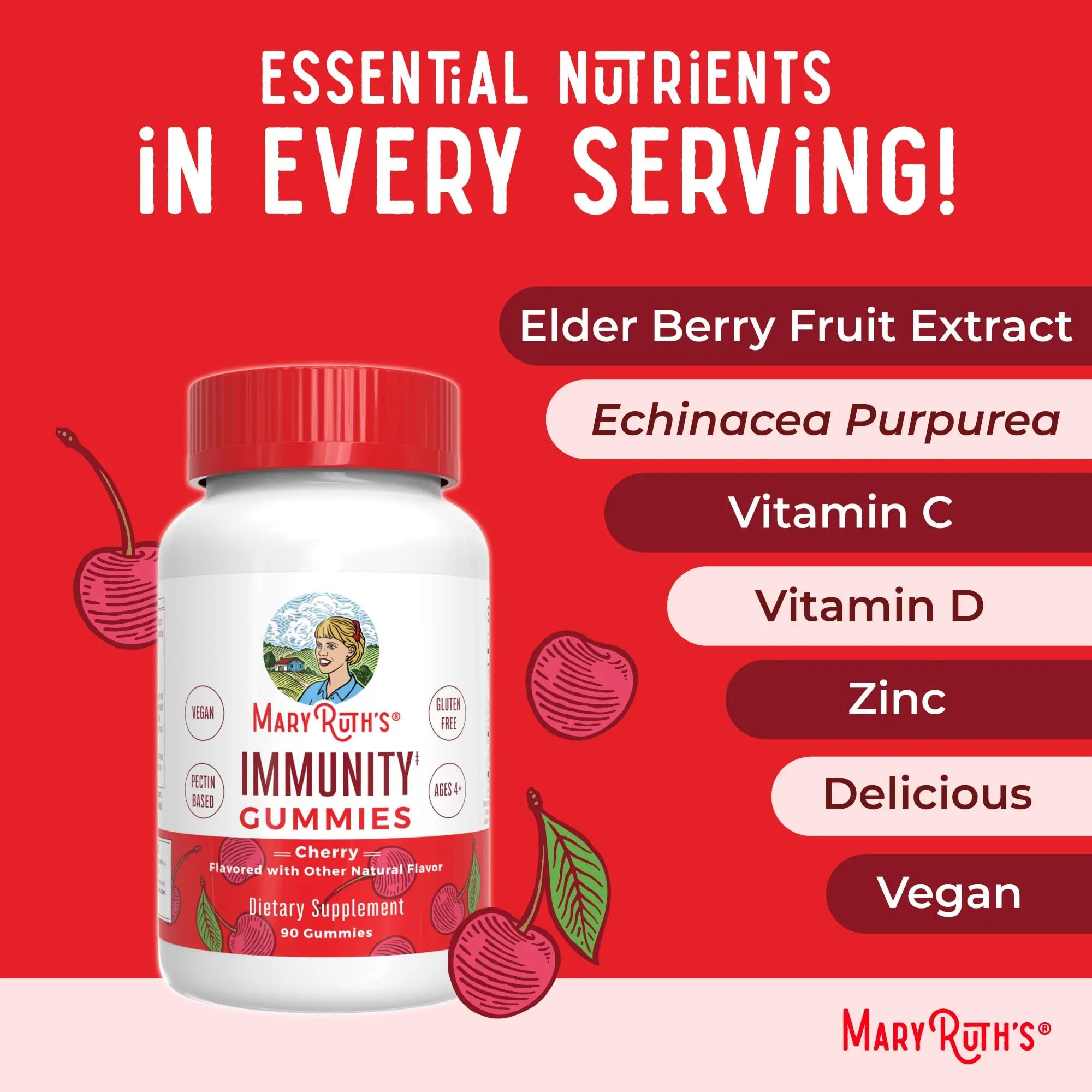 Mary Ruth's 5-1 Immunity Gummies with Elderberry for Kids & Adults | Cherry | Pectin Based | Vegan | 90 Count MARYRUTH'S Au supplements