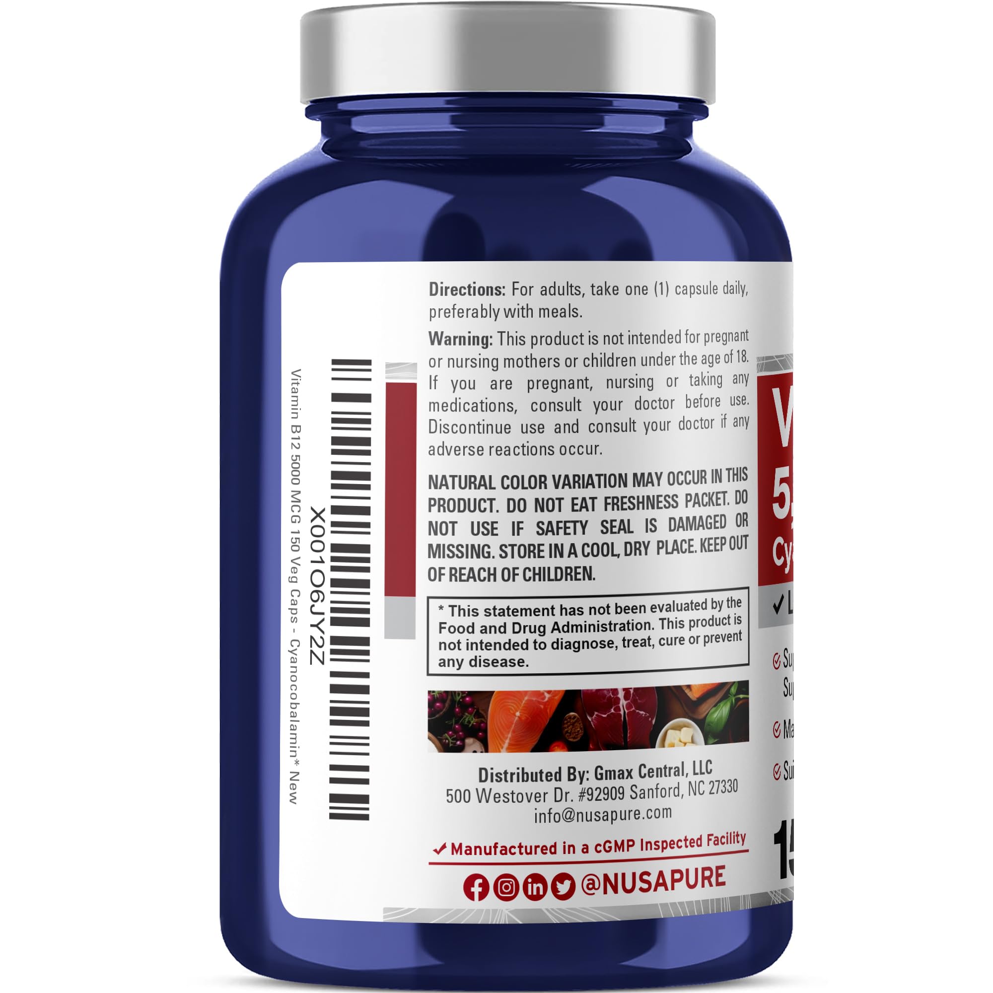NusaPure Vitamin B12-5000 MCG 150 Veggie Capsules (Non-GMO, Vegan) - Max Strength Vitamin B12 NusaPure Au supplements