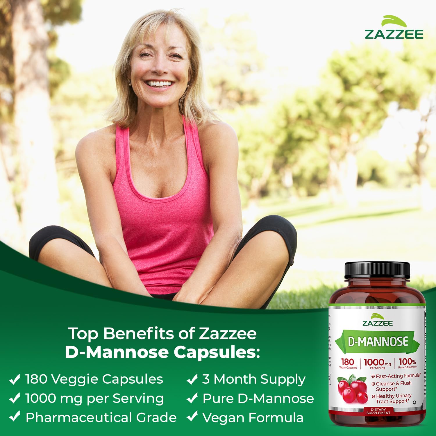 Zazzee D-Mannose, 1000 mg per Serving, 180 Vegan Capsules, 3 Month Supply, Potent & Fast-Acting, Certified Kosher, 100% Pure, All-Natural Urinary Tract Health Support, 100% Vegetarian, Non-GMO Zazzee Au supplements