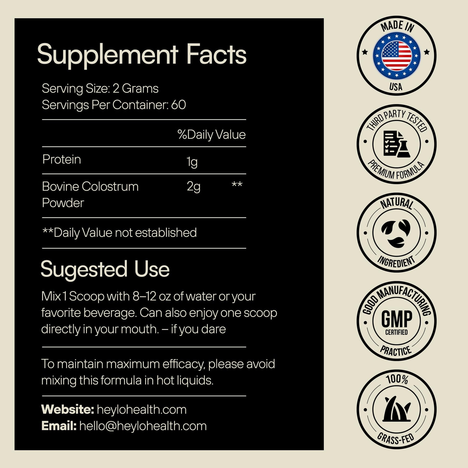 Heylo Premium Colostrum Powder – 100% Pure, Grass-Fed Bovine 40% IgG Supplement, Natural Gut Health Bloating Immunity Skin & Hair, Muscle Recovery, Rich in Immunoglobulins, 60 Servings Heylo Health Au supplements