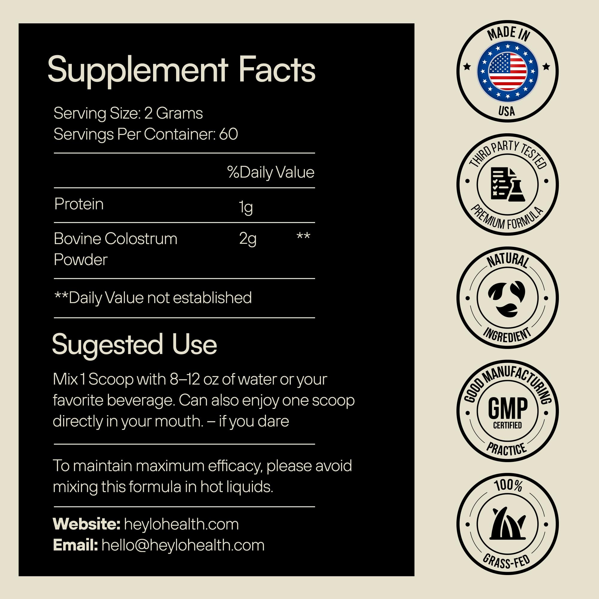 Heylo Premium Colostrum Powder – 100% Pure, Grass-Fed Bovine 40% IgG Supplement, Natural Gut Health Bloating Immunity Skin & Hair, Muscle Recovery, Rich in Immunoglobulins, 60 Servings Heylo Health Au supplements