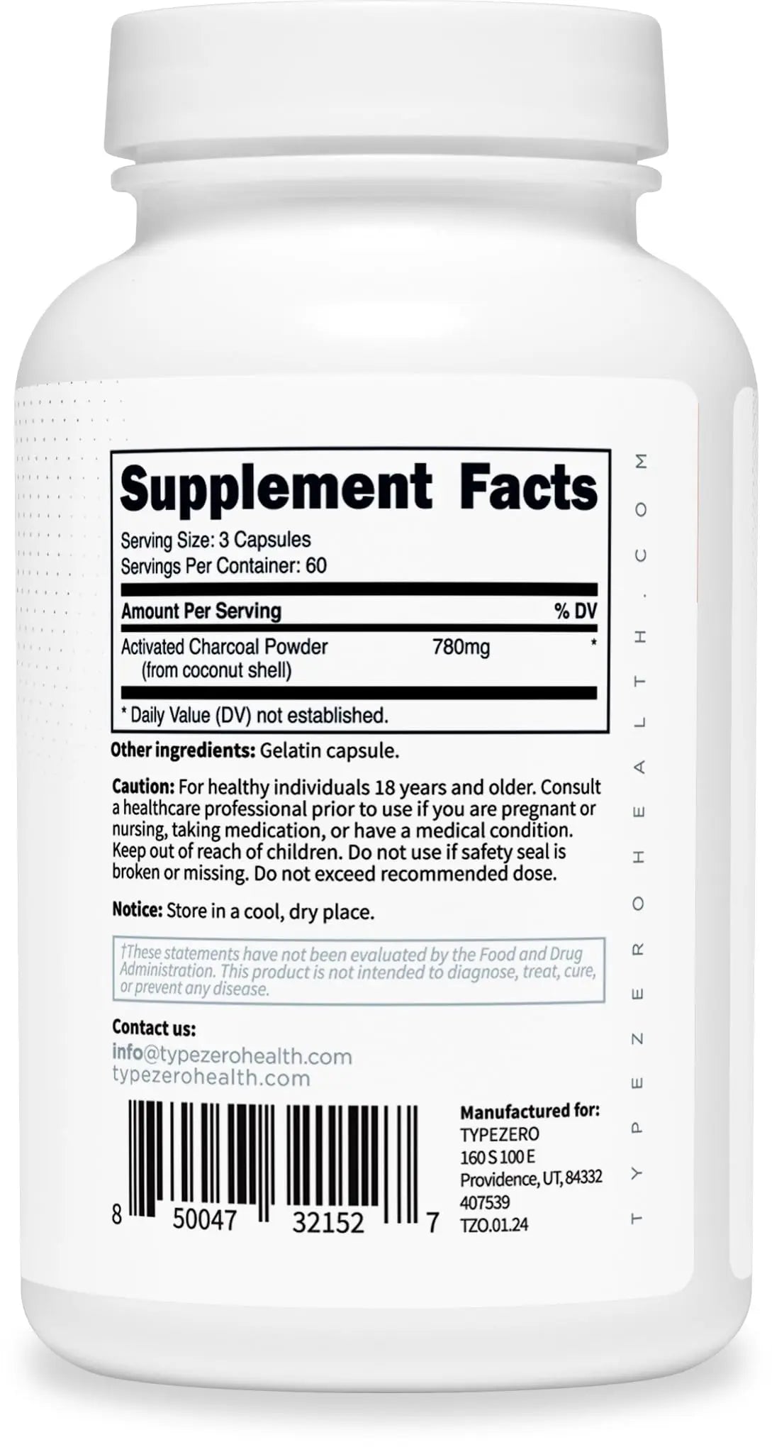 Type Zero Activated Charcoal Capsules (180 Count) - 60 Servings, 780mg Per Serving, from Coconut Shell, Non-GMO, Gluten-Free Type Zero Au supplements