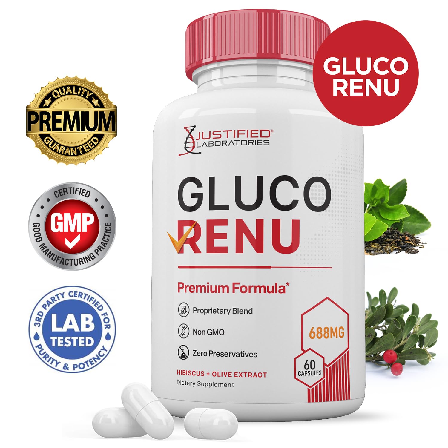 Gluco Renu 688MG Glyco Support Pills Premium Formula Gluo Renew Glycogen Support Formulated Hawthrone Hibiscus Garlic Junpier Powder Olive Forskolin Green Tea Extract 60 Capsules Justified Laboratories Au supplements