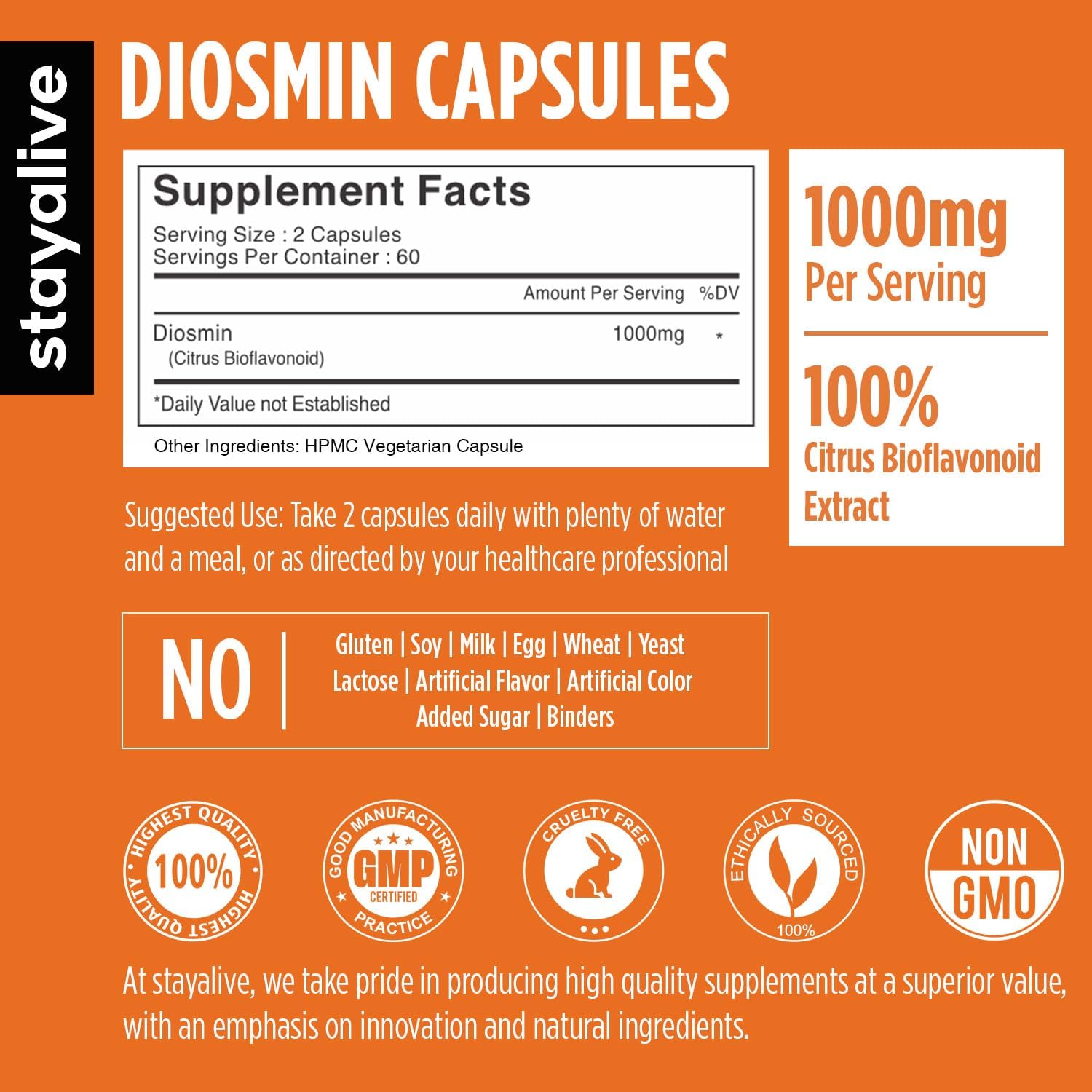 STAY ALIVE Pure Diosmin Complex 1000mg Formula, 120 Capsules, Citrus Bioflavonoids Rich Fruit Extract, 2 Month Supply, 100% Vegetarian, Non-GMO & Gluten Free Diosmin Supplement STAY ALIVE Au supplements
