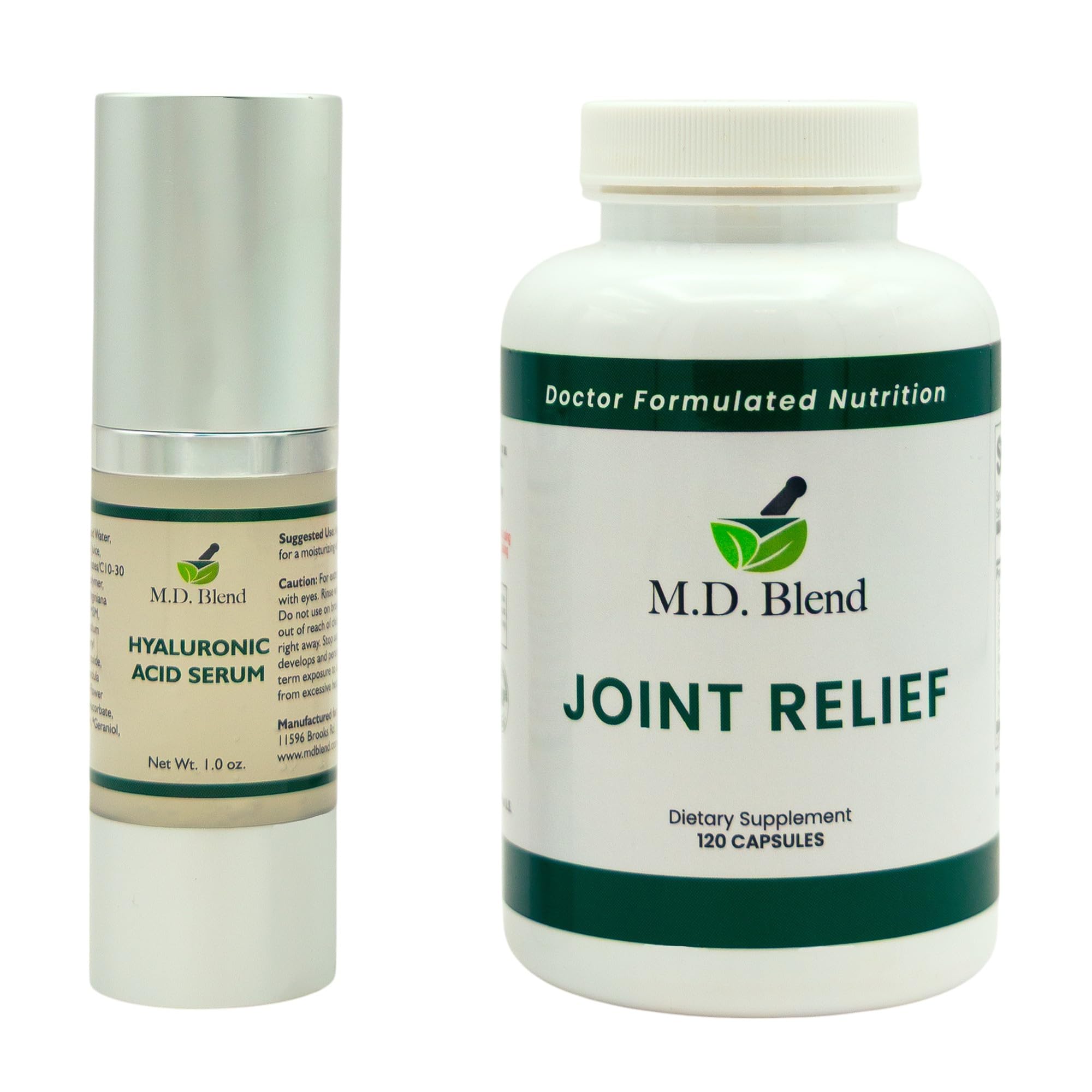 M.D. Blend Wellness Bundle with joint health supplement (120 capsules) & lightweight face hydrating hyaluronic acid serum (30 ml) featuring an airless pump, daily wellness skincare + joint support duo M.D. Blend Au supplements