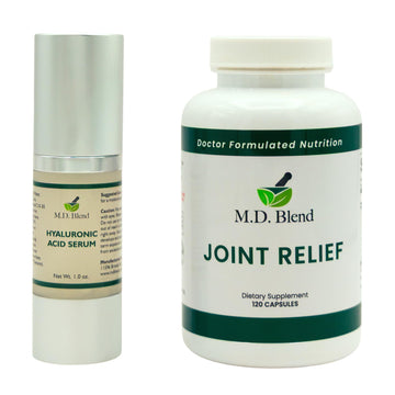 M.D. Blend Wellness Bundle with joint health supplement (120 capsules) & lightweight face hydrating hyaluronic acid serum (30 ml) featuring an airless pump, daily wellness skincare + joint support duo M.D. Blend Au supplements