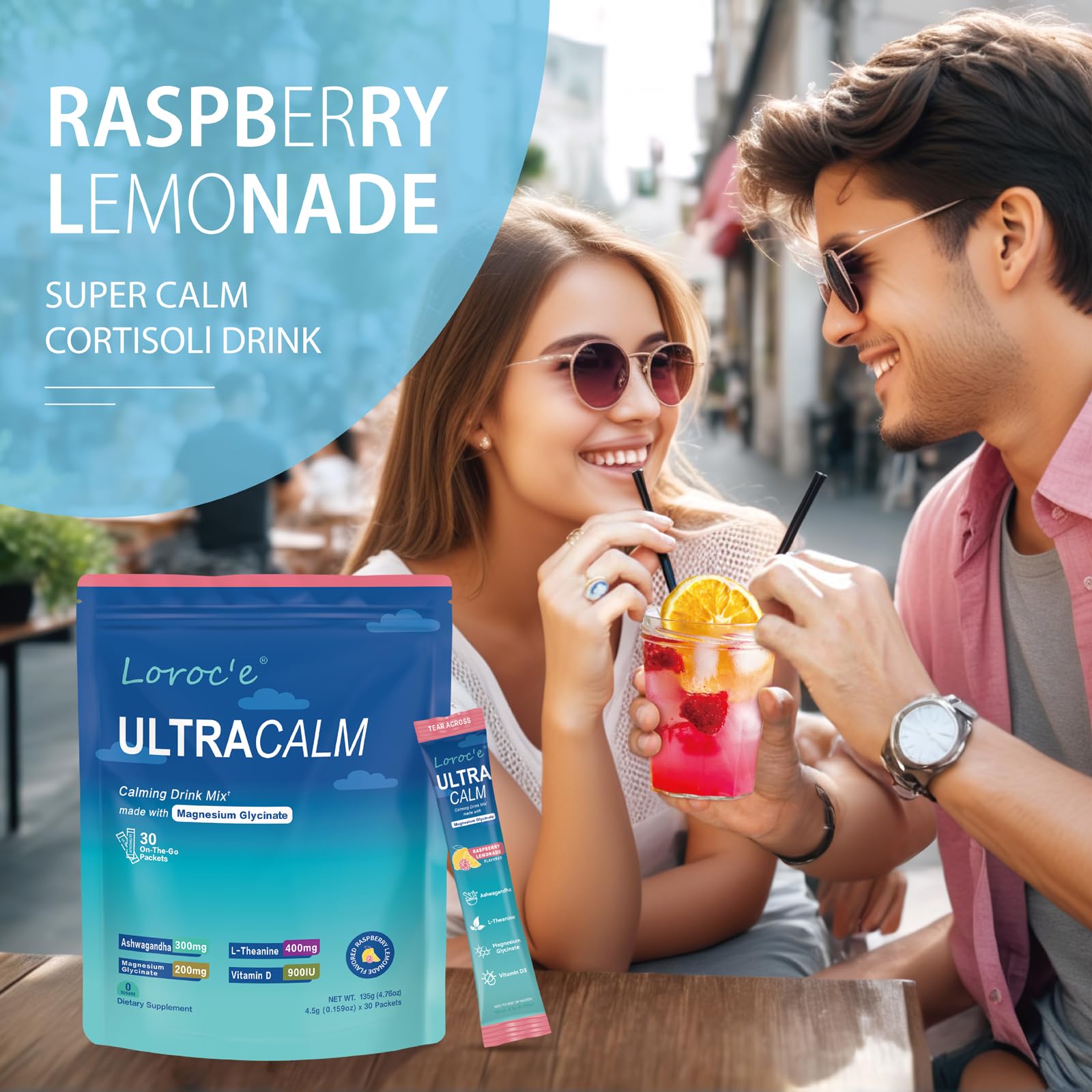 UltraCalm Super Cortisol Drink with Magnesium Glycinate, Ashwagandha, L-Theanine, Vitamin D3, Magnesium Powder for Sleep & Stress Relief, Raspberry Lemonade (30 Servings) Loroc'e Au supplements