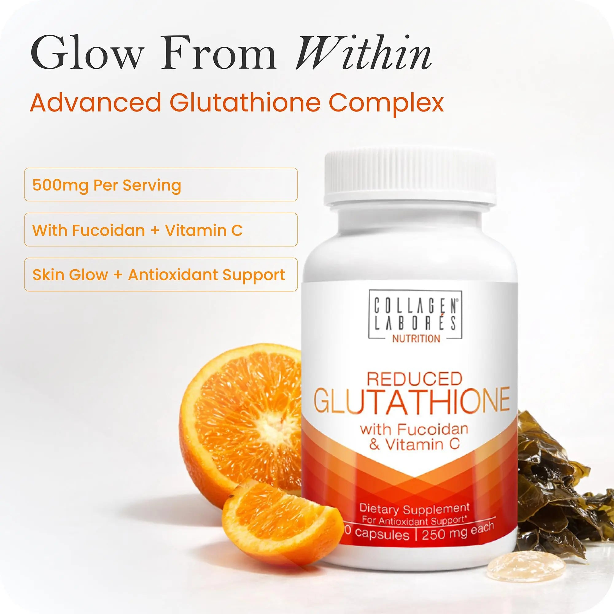 Advanced Glutathione Complex 500mg – with Fucoidan & Vitamin C – Antioxidant Support for Skin Glow, Detox & Immune Health – Non-GMO, Made in USA (60 Capsules) Collagen Laborés Au supplements