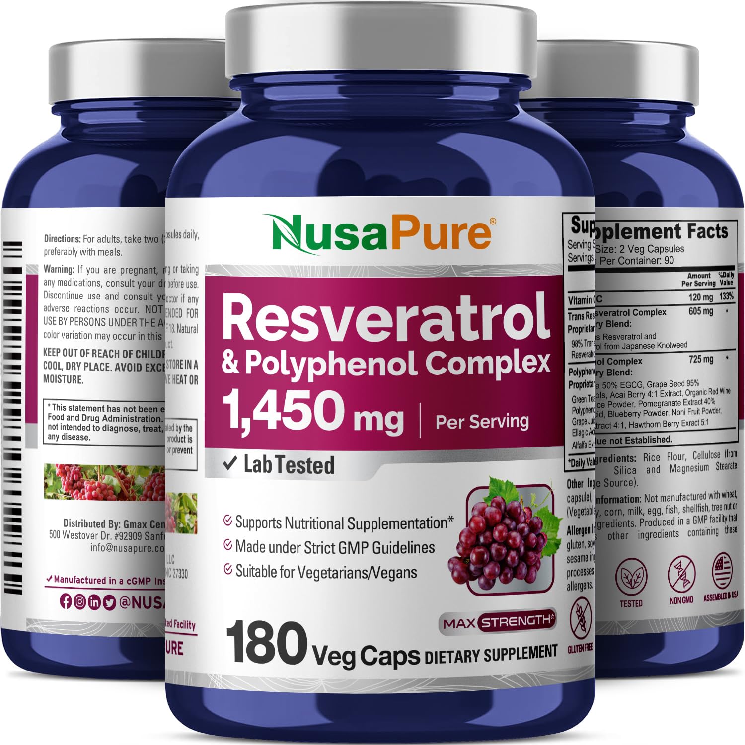 NusaPure Resveratrol & Polyphenol Complex 1450mg 180 Vegetarian Caps (Non-GMO, Vegan) Vitamin C NusaPure Au supplements