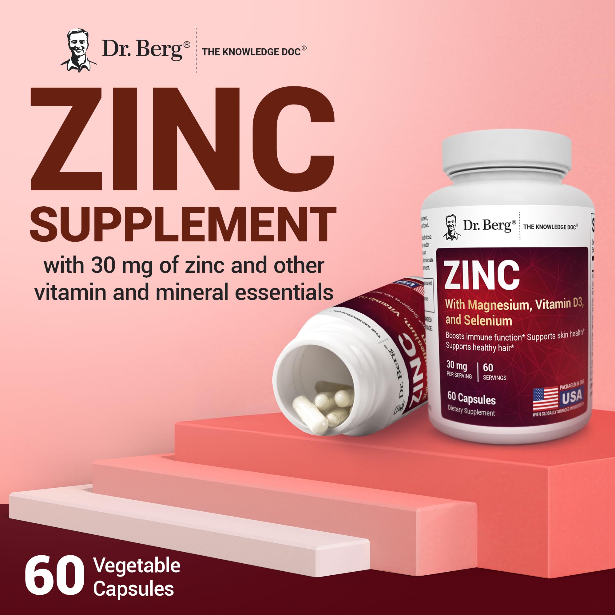 Dr. Berg Zinc 30mg Enhanced with Magnesium, Vitamin D3, Selenium, & Copper - Zinc Supplements for Men & Women - Chelated Zinc for Immune, Skin, Hair, & Nails Support* - 60 Capsules Dr. Berg Nutritionals Au supplements