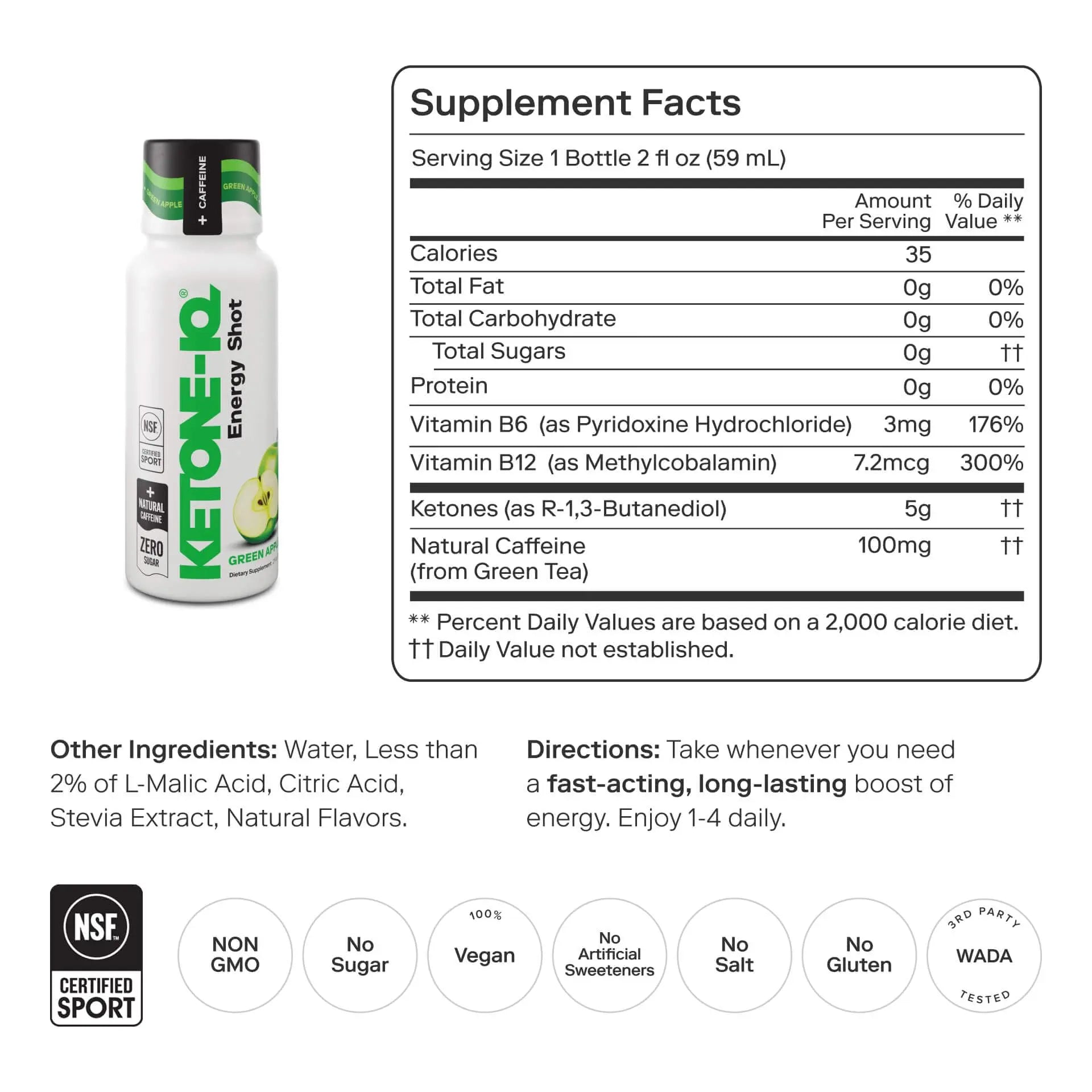 Ketone-IQ Ketone Energy Shots - 100mg Green Tea Caffeine, 5g Exogenous Ketones, and B Vitamins - 24 On The Go Caffeine Shots - Fast Acting Energy Drink (Green Apple) Ketone-IQ Au supplements