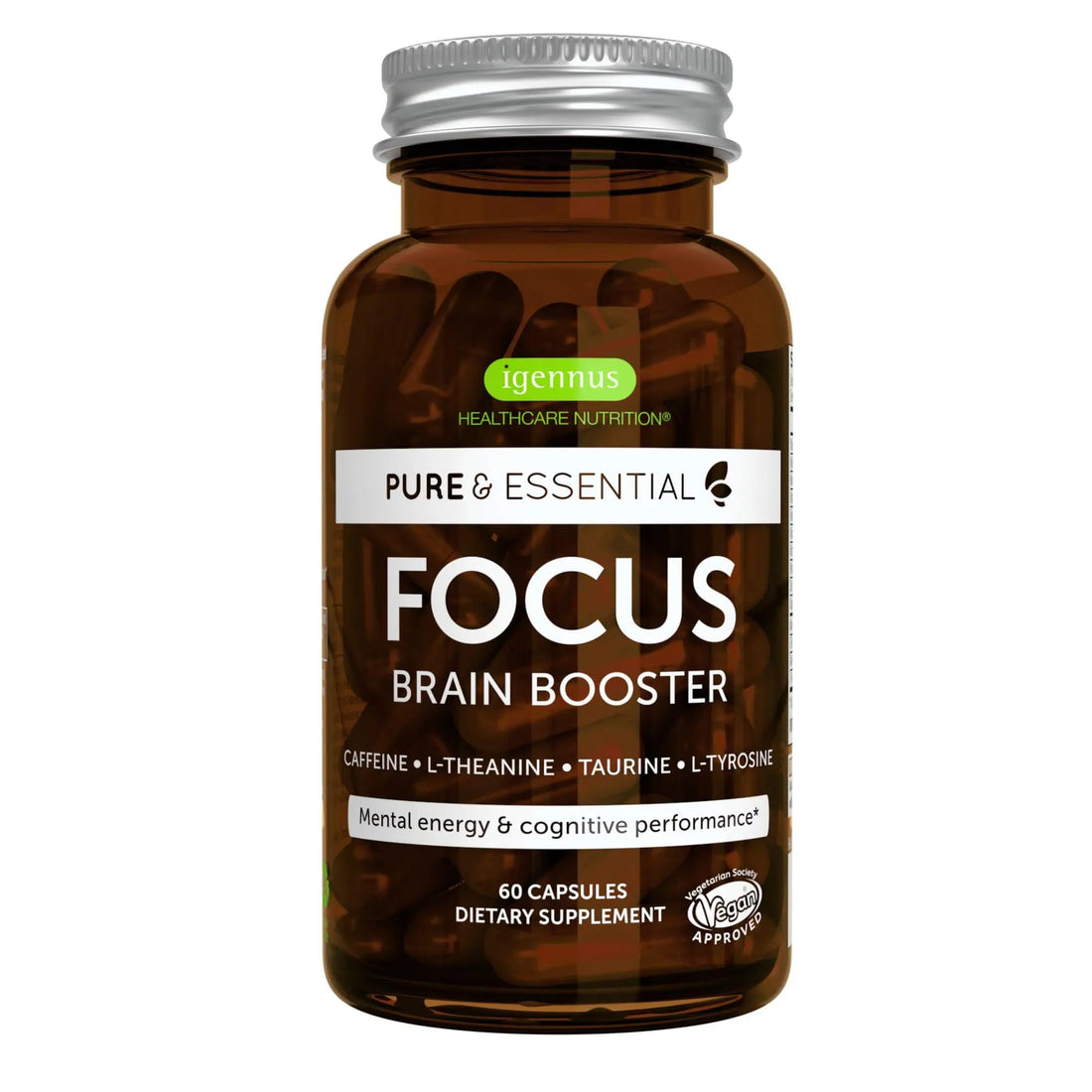 Igennus Focus - Nootropic with 200mg Natural Caffeine, Methylated B Vitamins, L-Theanine, Taurine, L-Tyrosine, Clean Energy, Brain Booster & Cognitive Performance, Non Jittery, 60 Capsules Igennus Healthcare Nutrition uk supplements