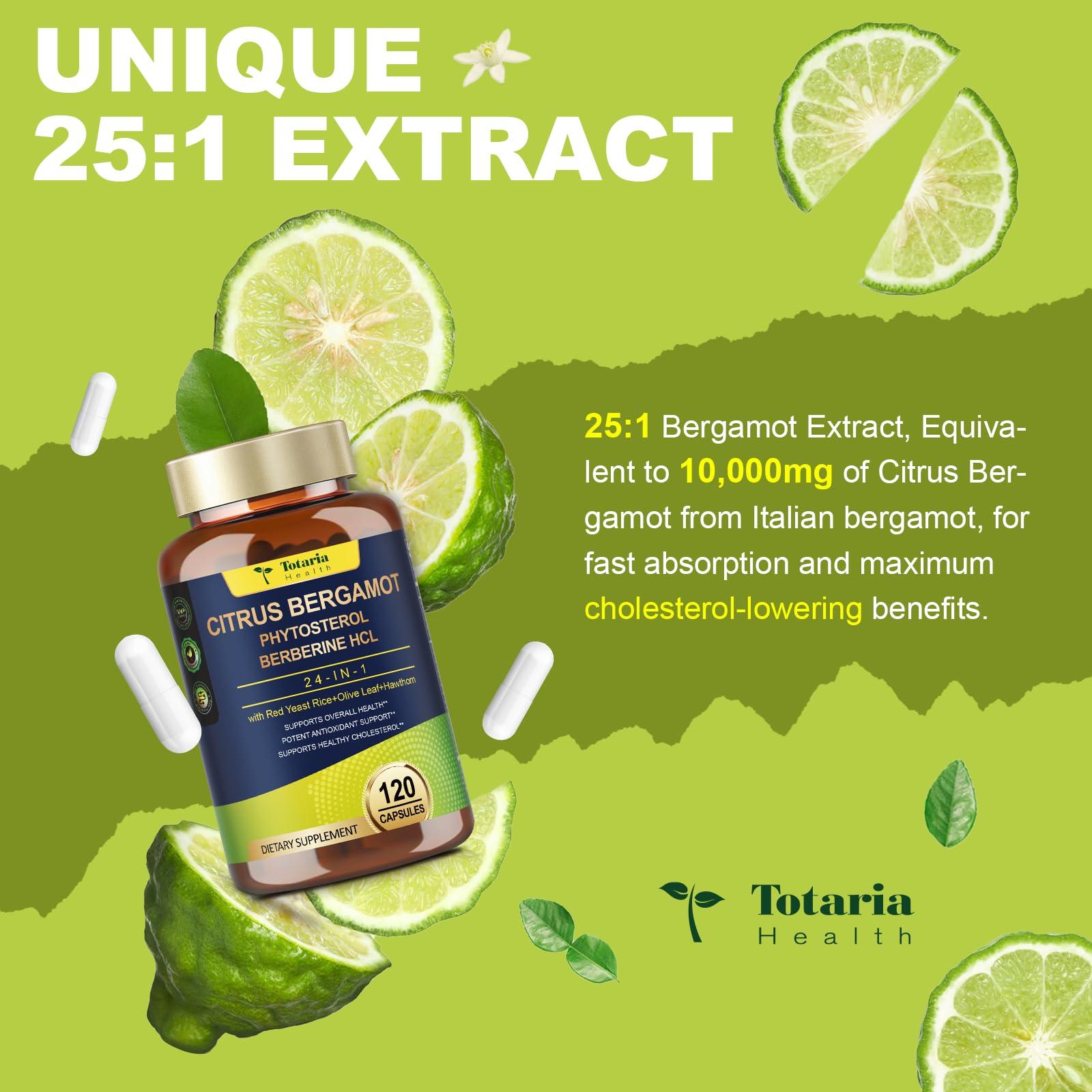 Citrus Bergamot Supplement for High Cholesterol - Italian Citrus Bergamot & Plant Sterols Stanols Natural Way to Balance Cholesterol Level, Cholesterol Lowering Supplements, Vegan, Non-GMO, 120 Counts Totaria Au supplements
