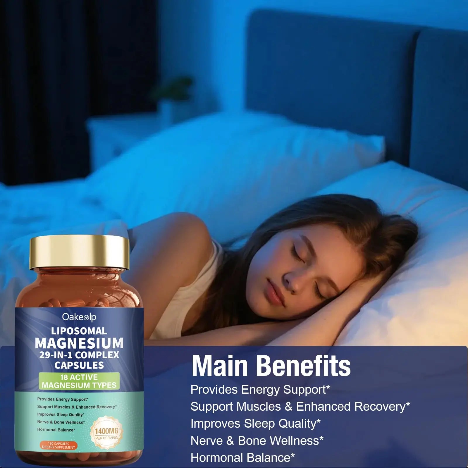 29-in-1 Liposomal 18 Active Types Magnesium Complex 1400MG Capsule,L-Threonate Glycinate Malate etc,Mild & Efficient,Extra Vitamin B6 B12 D3K2 & CoQ10, Relaxation Nerve* & Hert* Support Oakevlp Au supplements