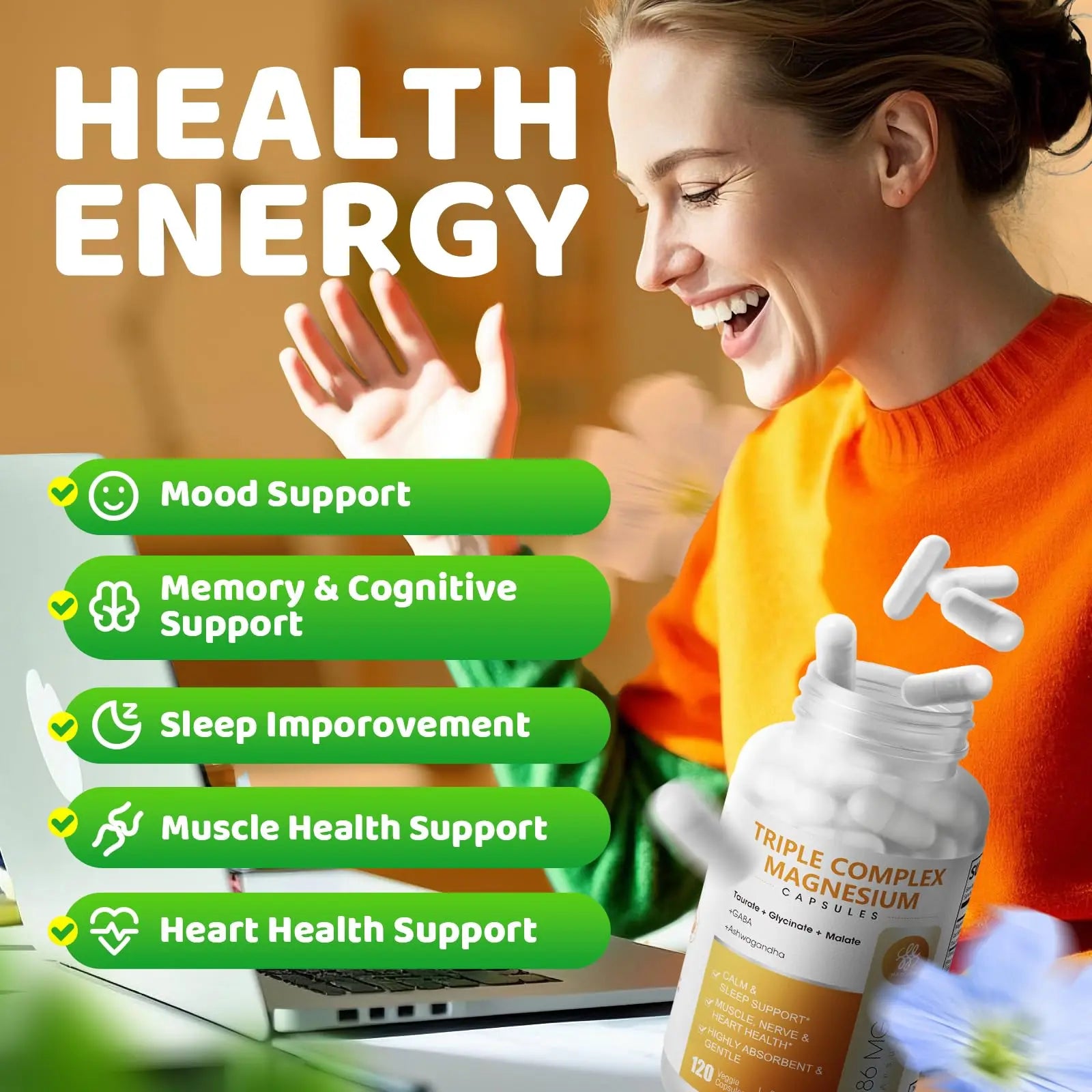 Triple Magnesium Complex - Magnesium Glycinate, Taurate & Malate Supplement with Omega3, Ashwagandha, GABA for Sleep, Brain Heart & Muscle Support - High Absorption and Gentle, Vegan, 120 Capsules iMATCHME Au supplements