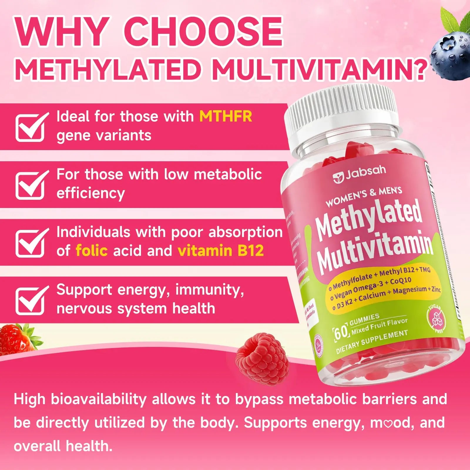 Methylated Vitamin B Complex Gummies for Women & Men, Multivitanins Gummy with Vitamin A, C ,E, Methylfolate & B12, TMG, Calcium, D3 K2 Jabsah Au supplements