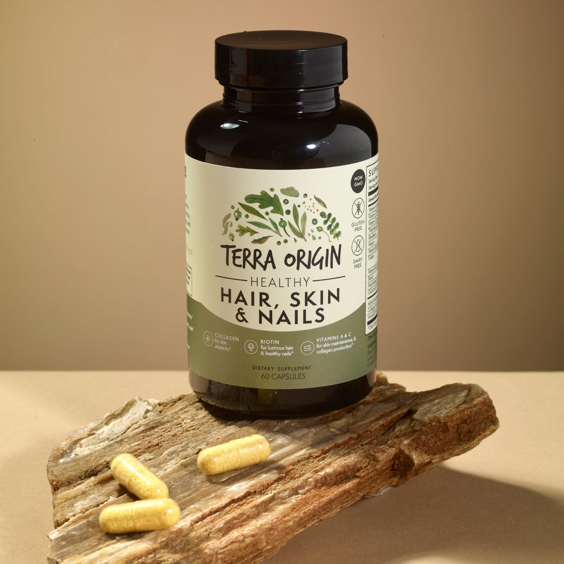 TERRA ORIGIN Healthy Hair, Skin and Nails Supplement | Collagen, Biotin, Horsetail & B-Complex | Supports Hair Strength, Skin Elasticity & Nail Growth | Vitamins for Women and Men | 60 Capsules TERRA ORIGIN Au supplements