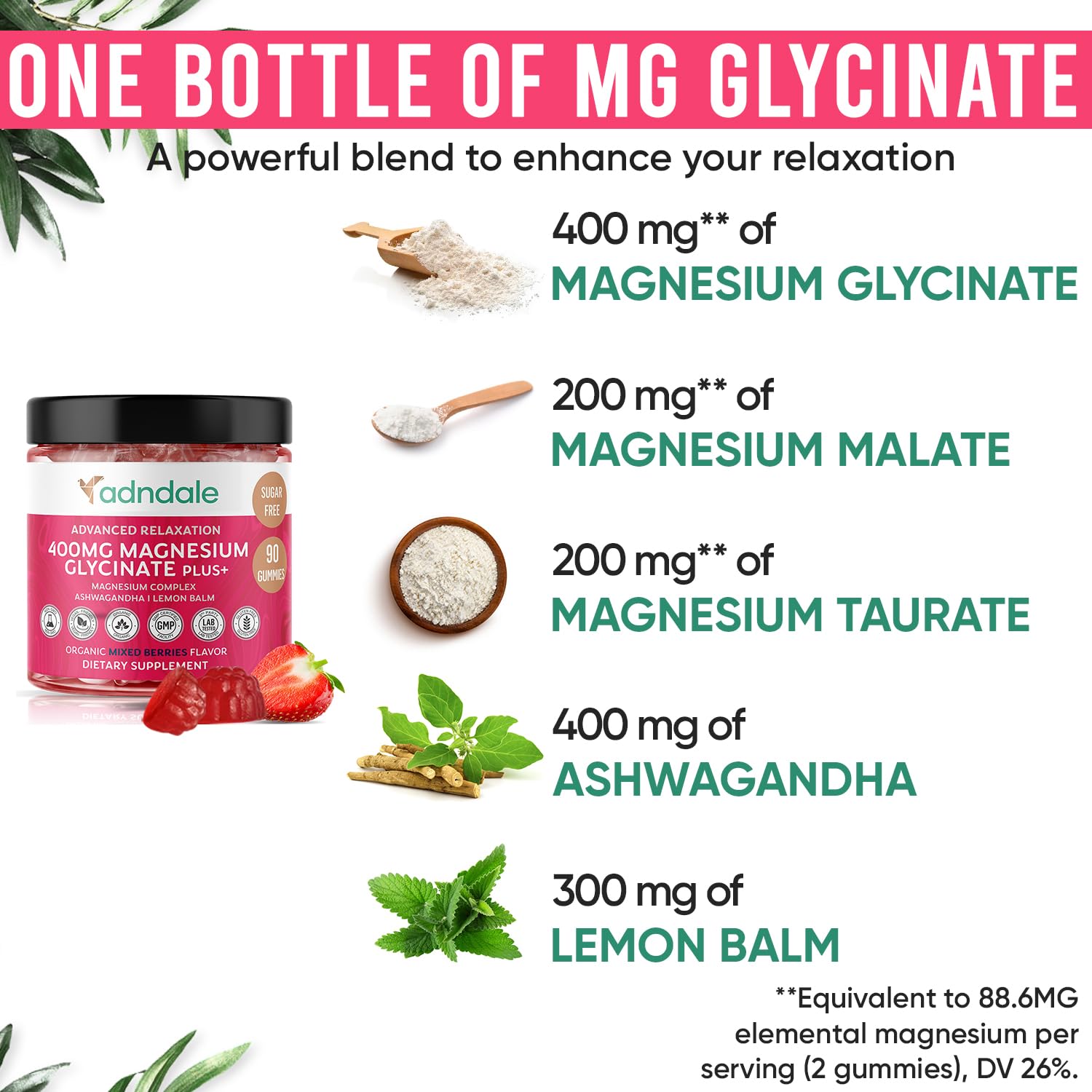 Adndale 90 CT Magnesium Glycinate 400 mg Gummies with Ashwagandha, Magnesium Malate & Taurate, Sugar Free Magnesium Gummies for Adults & Kids. Adndale Au supplements