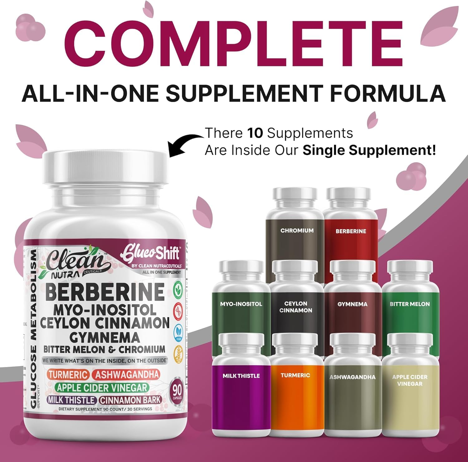 Clean Nutra Berberine Supplement Myo-Inositol Ceylon Cinnamon Gymnema Bitter Melon Chromium Complex for Digestion, Antioxidant Support & Wellness 90 Vegan Capsules Non-GMO Clean Nutraceuticals Au supplements