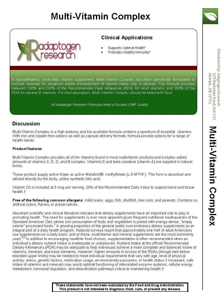 Multi-Vitamin Complex | Once Daily Multivitamin Supplement with Folate as Metafolin L-5-MTHF B12 as Methylcobalamin Vitamin A C D3 and more Adaptogen Research Au supplements