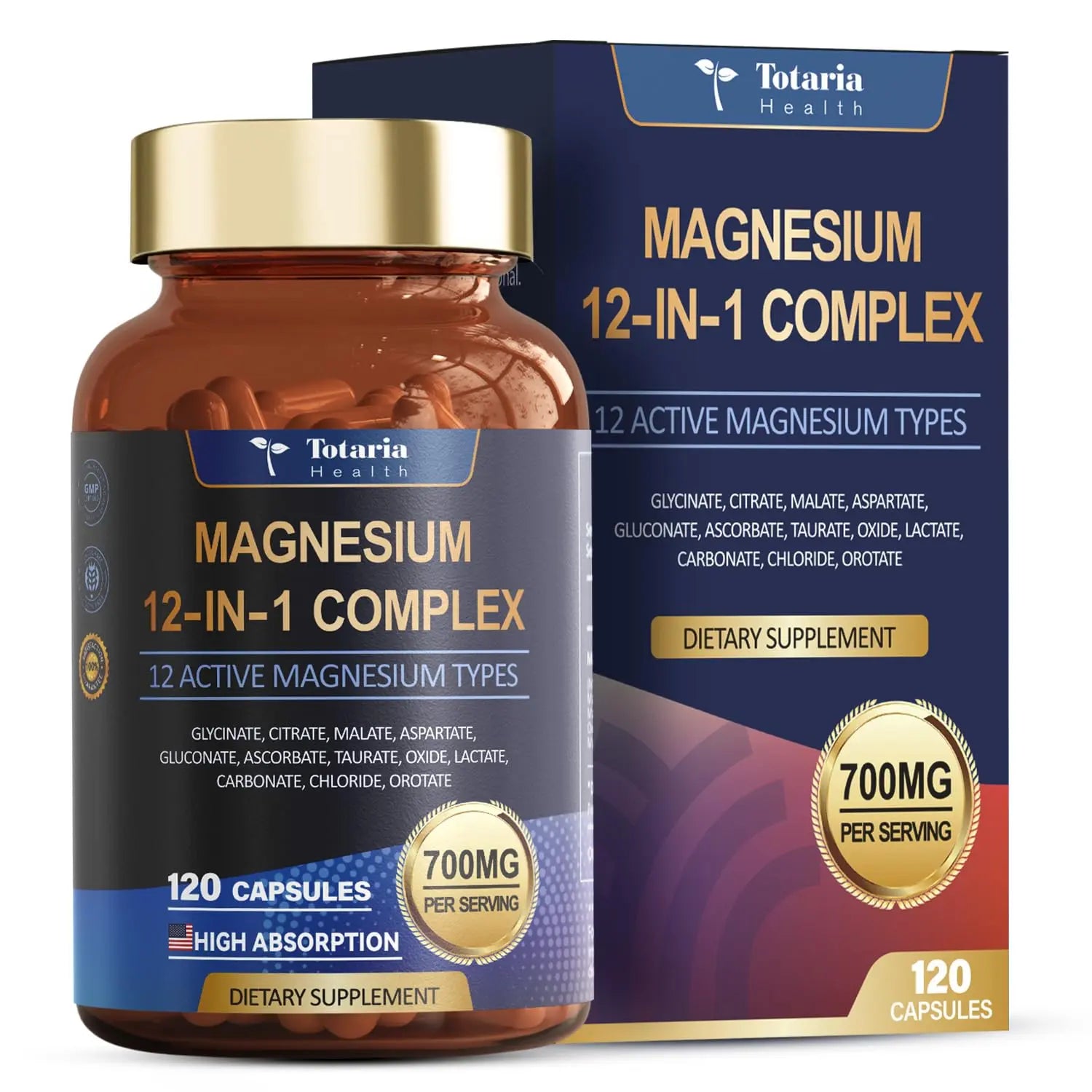 Totaria Magnesium Complex 700mg 12 in 1 Magnesium Supplement with Glycinate Citrate Malate Oxide Taurate Aspartate Orotate Magnesium Relaxation,Muscle,Heart Support, Vegan 120 Capsules Totaria Au supplements