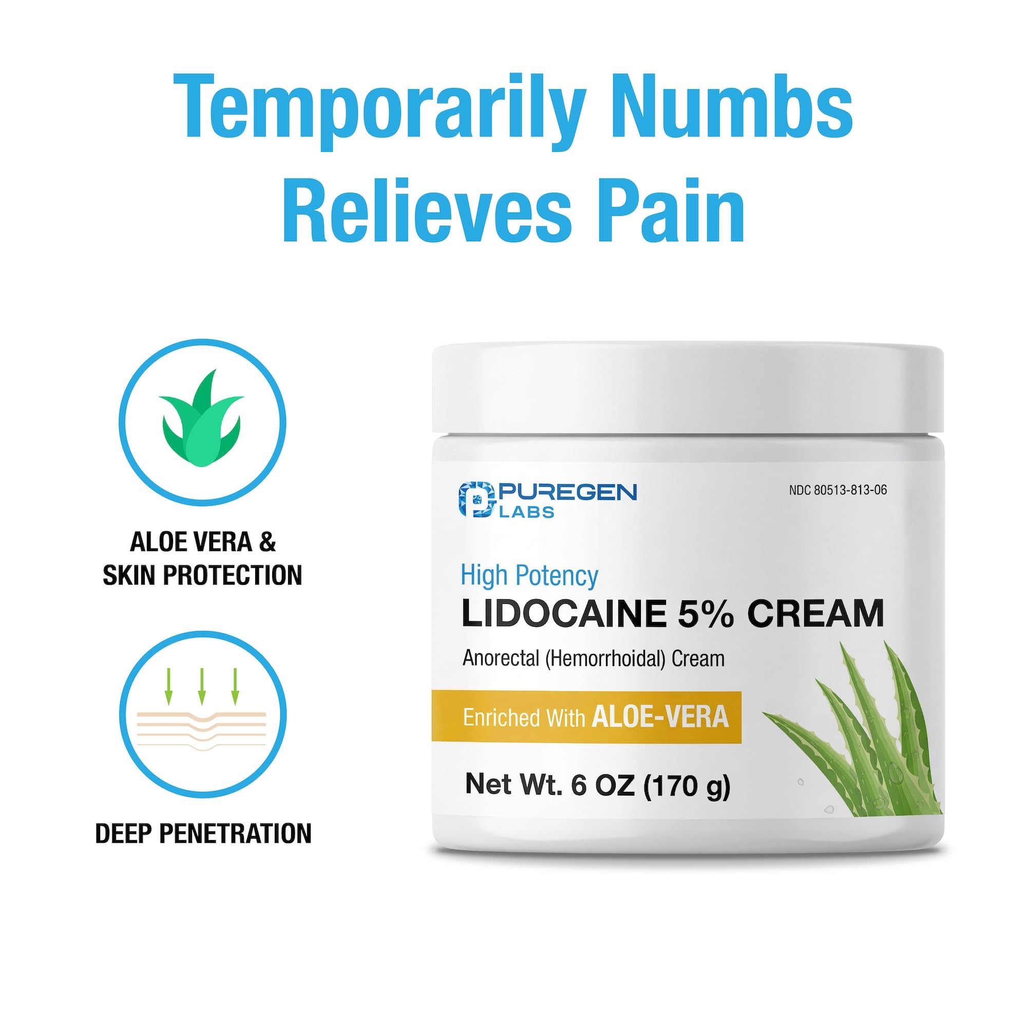 Puregen Labs Lidocaine 5% Anorectal (hemorrhoidal) Cream Maximum Strength | Enriched with Aloe-Vera | 6 Oz P Puregen Labs Au supplements