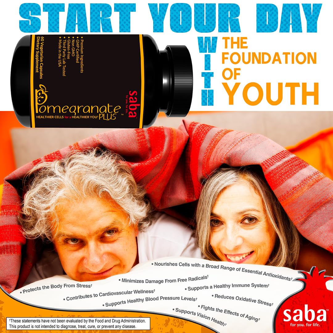 Saba Pomegranate Plus – Antioxidant Supplement with Astaxanthin & Adaptogens | Immune, Skin, Heart & Brain Support | Daily Stress & Cellular Wellness | 60 Capsules Saba Au supplements