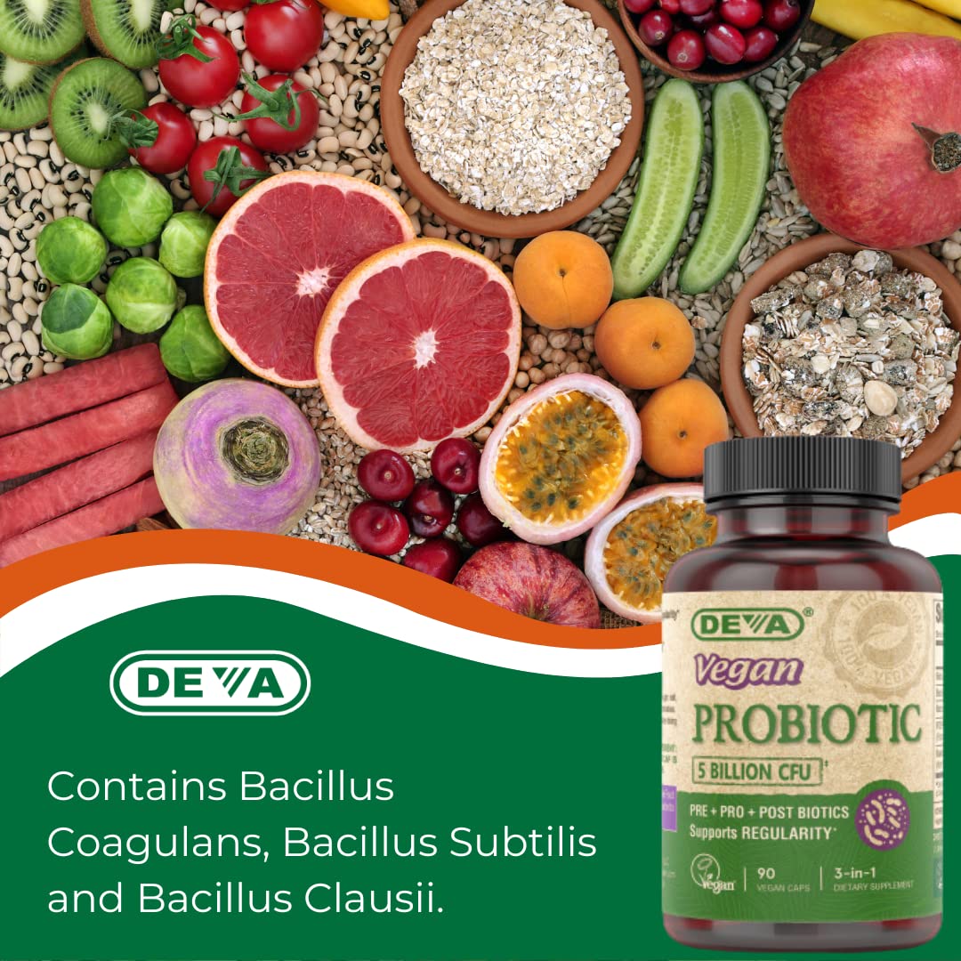 DEVA Vegan Probiotic Supplement - Pre, Pro, and Postbiotics for Digestive Health, 5 Billion CFU, Soil-Based, Spore-Forming, Dairy Free, FOS Prebiotics, for Women and Men, Vegan Capsules, 90 Count DEVA Au supplements
