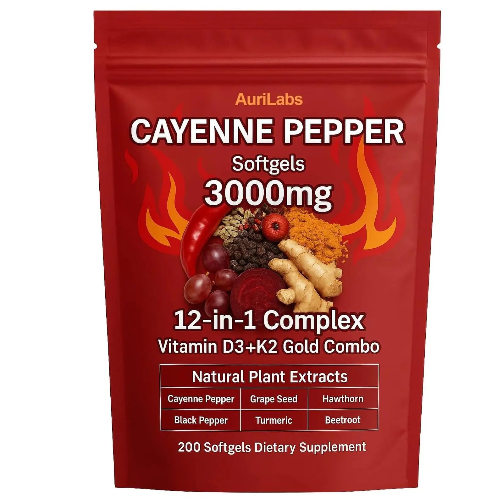 EILTEAU AuriLabs Cayenne Pepper Softgels Supplement, Supports Leg Vein, Heart and Blood Vessel Health, with Vitamin E D3+K2 and Extracts of Grape Seed, Hawthorn, Beetroot and Others (1) EILTEAU Au supplements