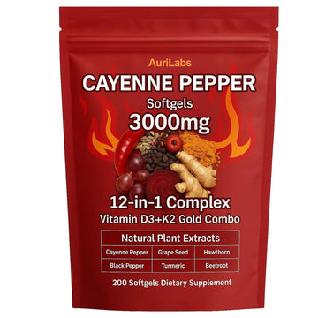 EILTEAU AuriLabs Cayenne Pepper Softgels Supplement, Supports Leg Vein, Heart and Blood Vessel Health, with Vitamin E D3+K2 and Extracts of Grape Seed, Hawthorn, Beetroot and Others (1) EILTEAU Au supplements