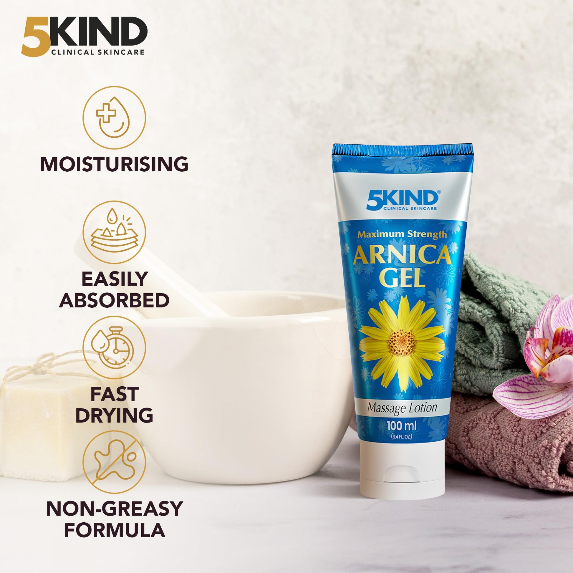 5kind Maximum Strength Arnica Bruise Gel 3.4 Fl Oz - Arnica Gel for Bruising and Swelling - Arnica Montana Gel with High Concentration Extract - Non-Greasy Formula 5kind clinical skincare Au supplements