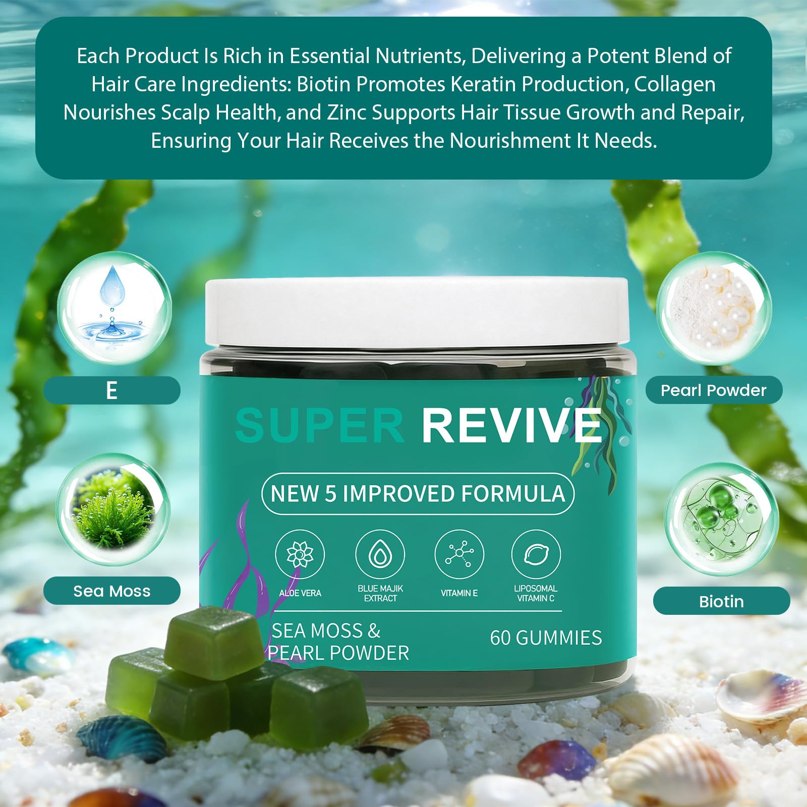 caicieter Super Revive Gummies for Hair Loss - Sea Moss Gummies with Vitamin C, E, Aloe Vera & Pearl Powder Glow, Promotes Thicker, Fuller & Stronger Hair - 60 Count caicieter Au supplements