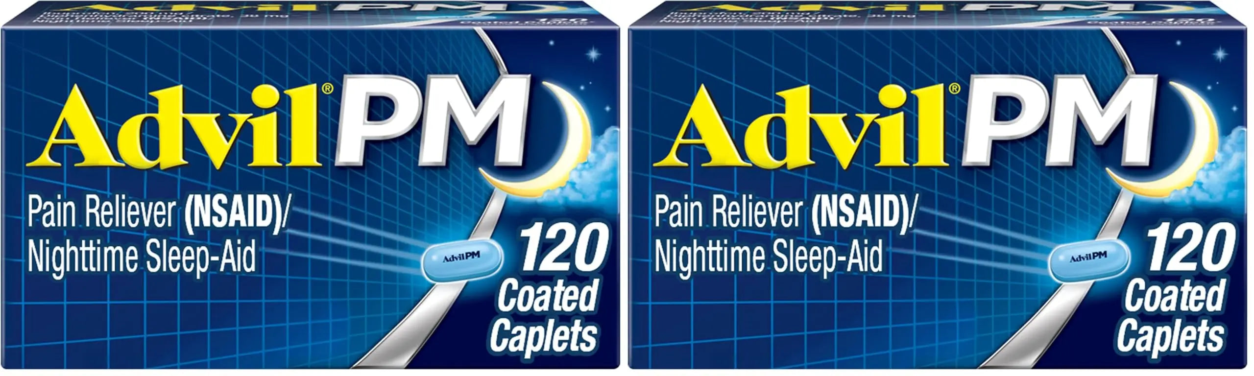 Advil PM Pain Reliever and Nighttime Sleep Aid, Pain Medicine with Ibuprofen for Pain Relief and Diphenhydramine Citrate for A Sleep Aid - 120 Coated Caplets (Pack of 2) Advil Au supplements