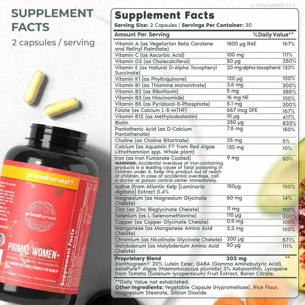 Primal Harvest Women+, Woman's Multivitamin Vitamin A, Vitamin C, Vitamin D and E, Vitamin B12, B6, Biotin, Zinc Supplements,1 Pack 60 Capsules Primal Harvest Au supplements